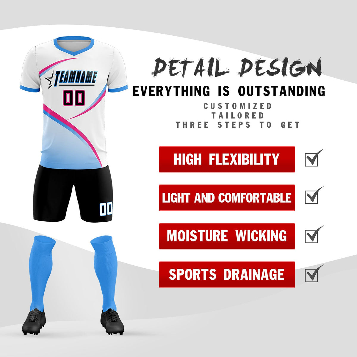 Custom White Powder Blue Color Block Training Uniform For Men Football Kits Jersey
