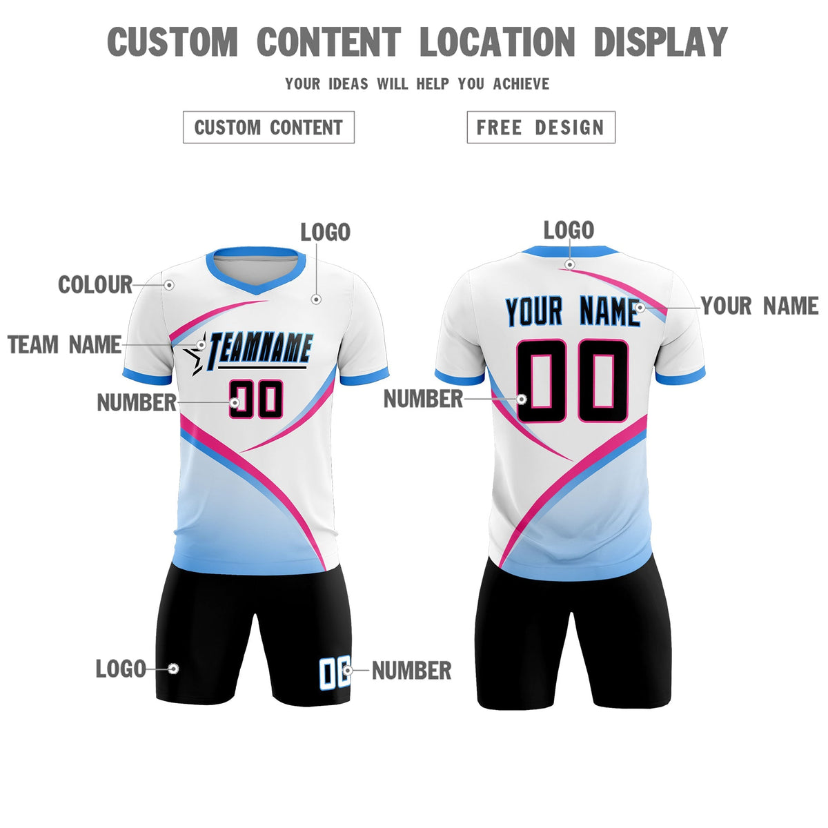 Custom White Powder Blue Color Block Training Uniform For Men Football Kits Jersey
