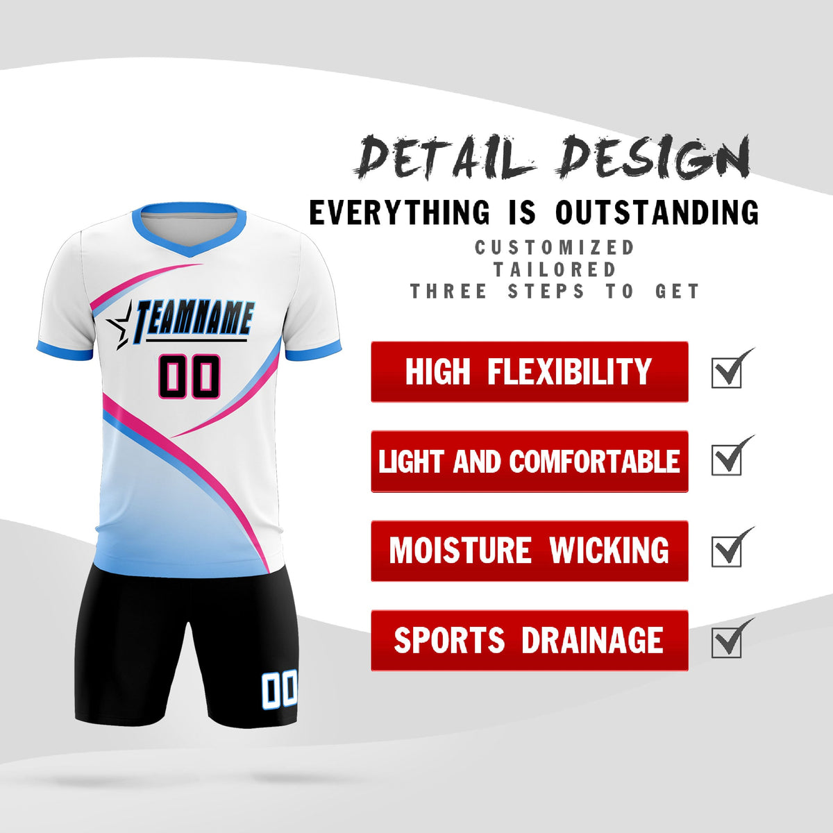 Custom White Powder Blue Color Block Training Uniform For Men Football Kits Jersey