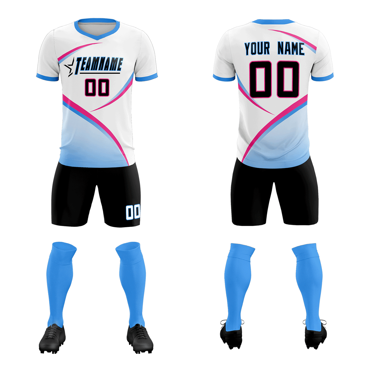 Custom White Powder Blue Color Block Training Uniform For Men Soccer Sets Jersey