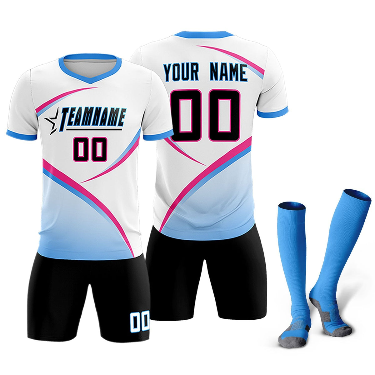 Custom White Powder Blue Color Block Training Uniform For Men Football Kits Jersey