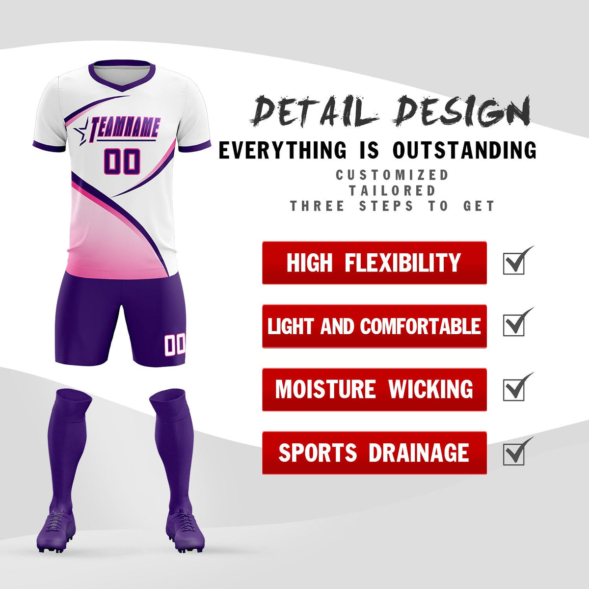 Custom White Purple Color Block Training Uniform For Men Football Kits Jersey
