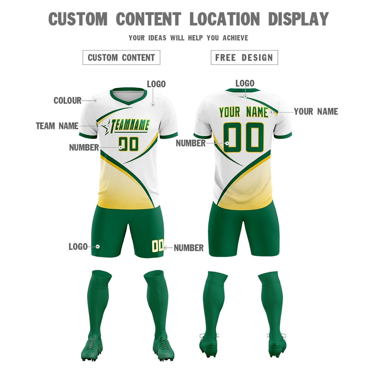 Custom White Kelly Green Color Block Training Uniform For Men Football Kits Jersey