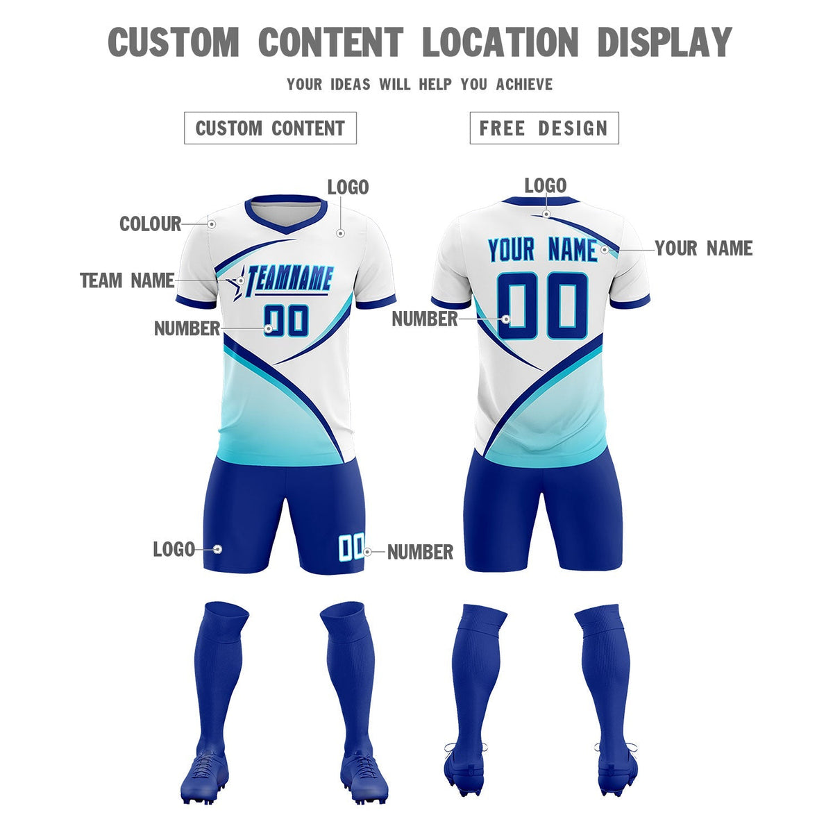 Custom White Sky Blue Color Block Training Uniform For Men Football Kits Jersey