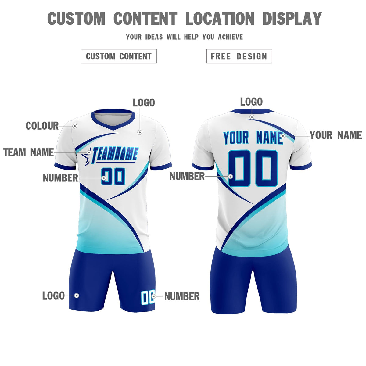 Custom White Sky Blue Color Block Training Uniform For Men Football Kits Jersey