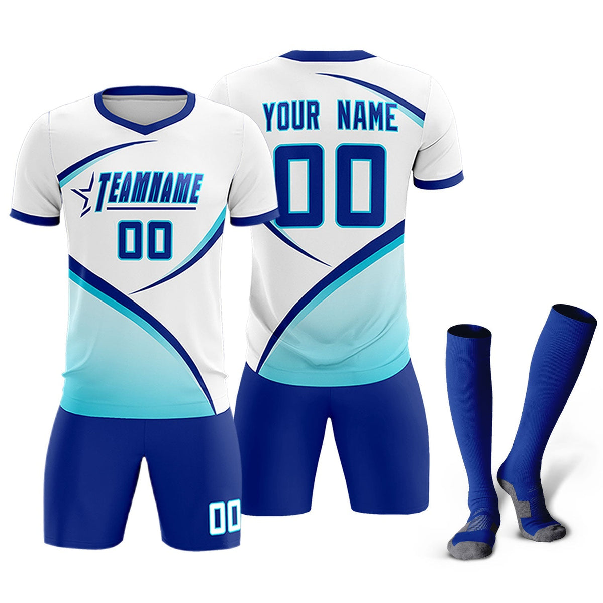 Custom White Sky Blue Color Block Training Uniform For Men Football Kits Jersey