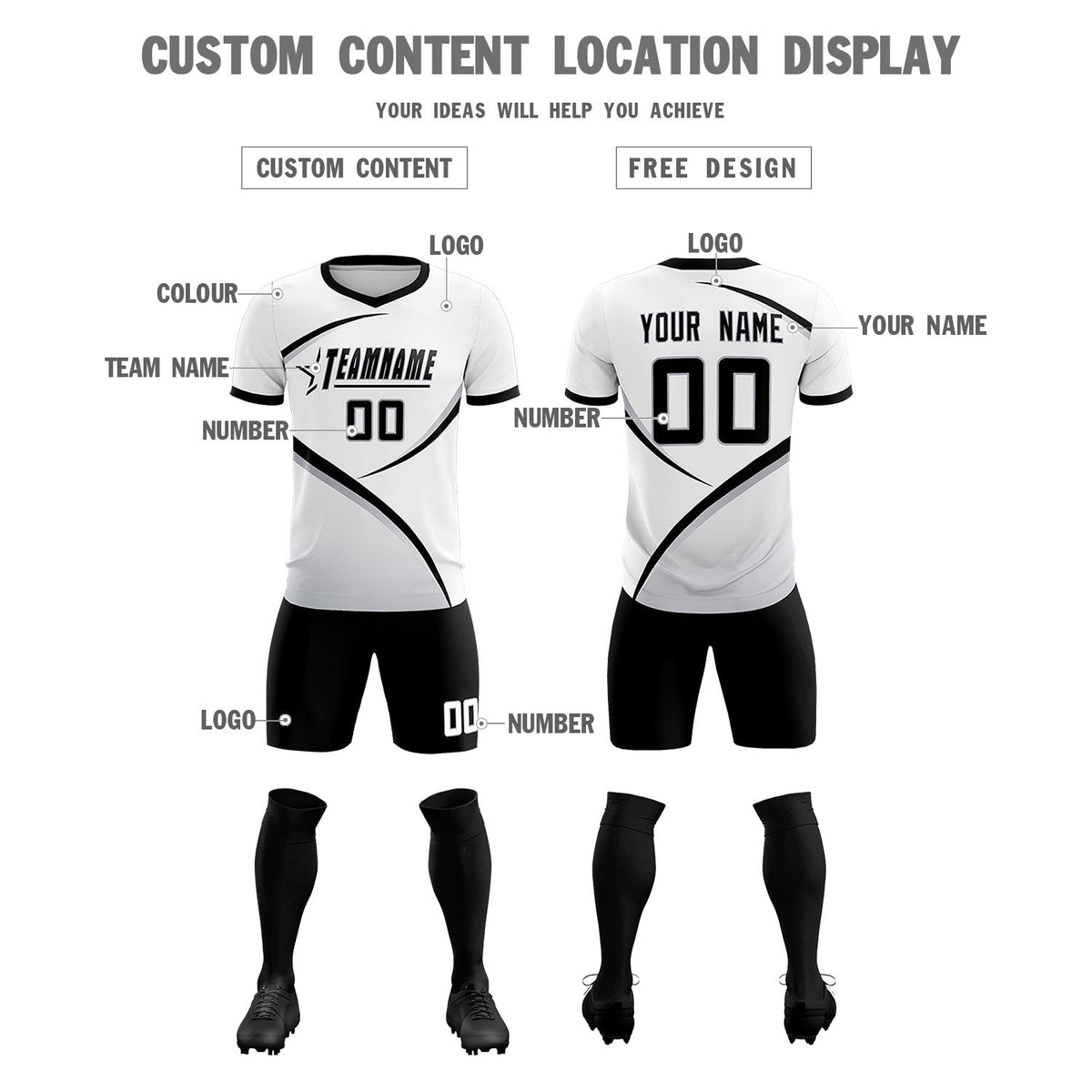 Custom White Black Color Block Training Uniform For Men Football Kits Jersey