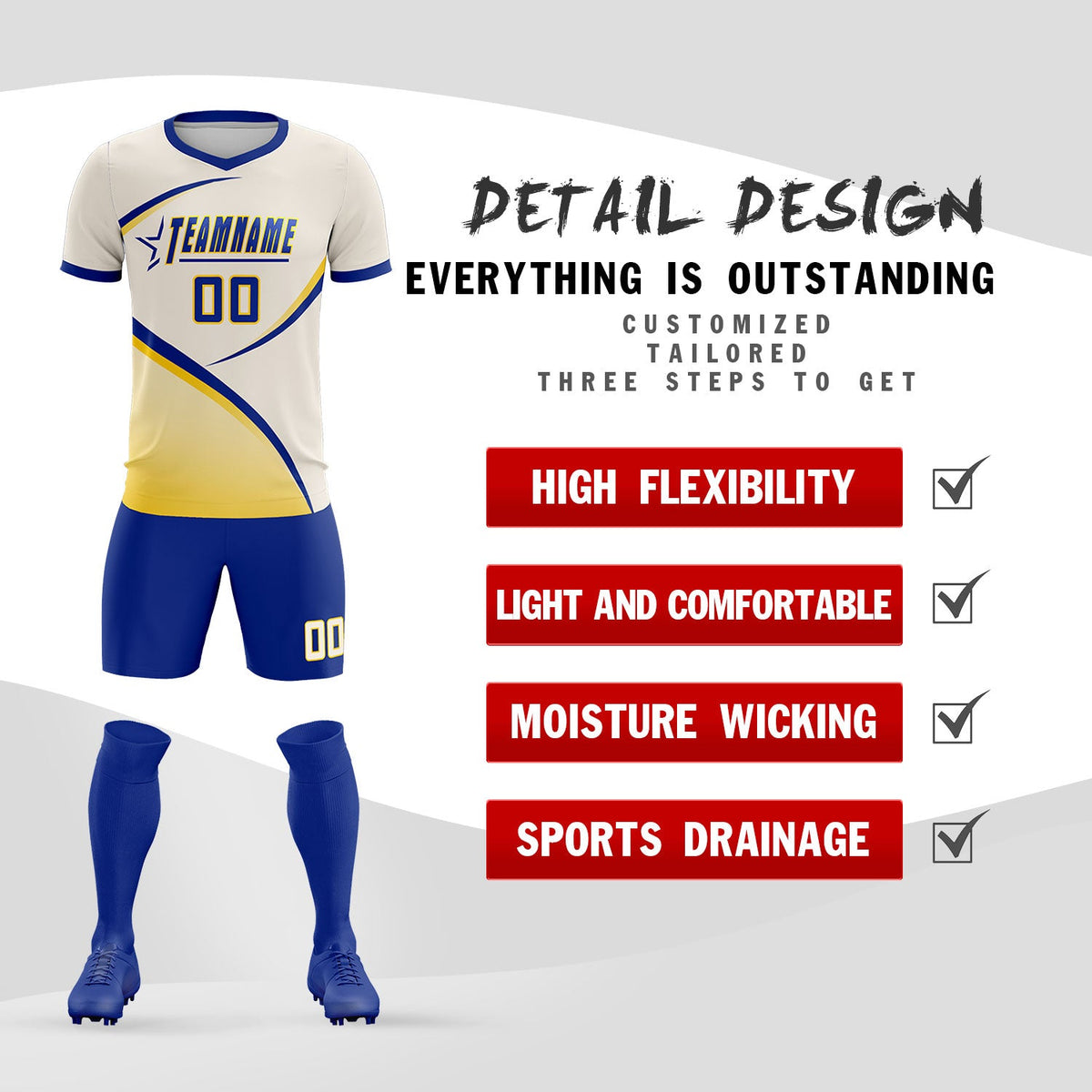 Custom Cream Royal Color Block Training Uniform For Men Football Kits Jersey