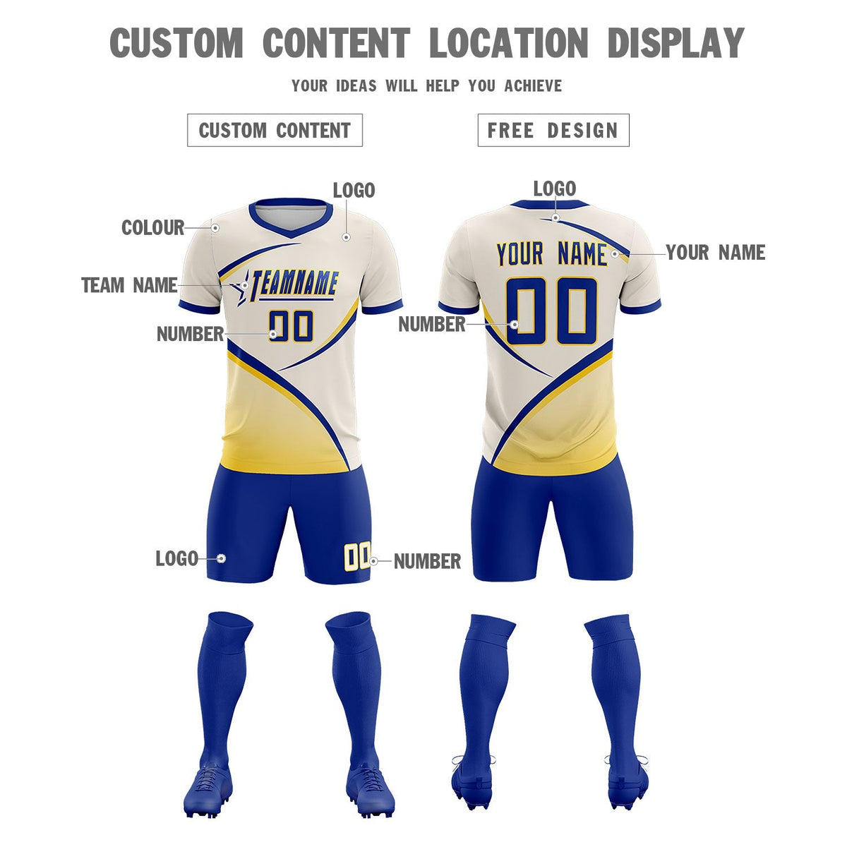 Custom Cream Royal Color Block Training Uniform For Men Football Kits Jersey