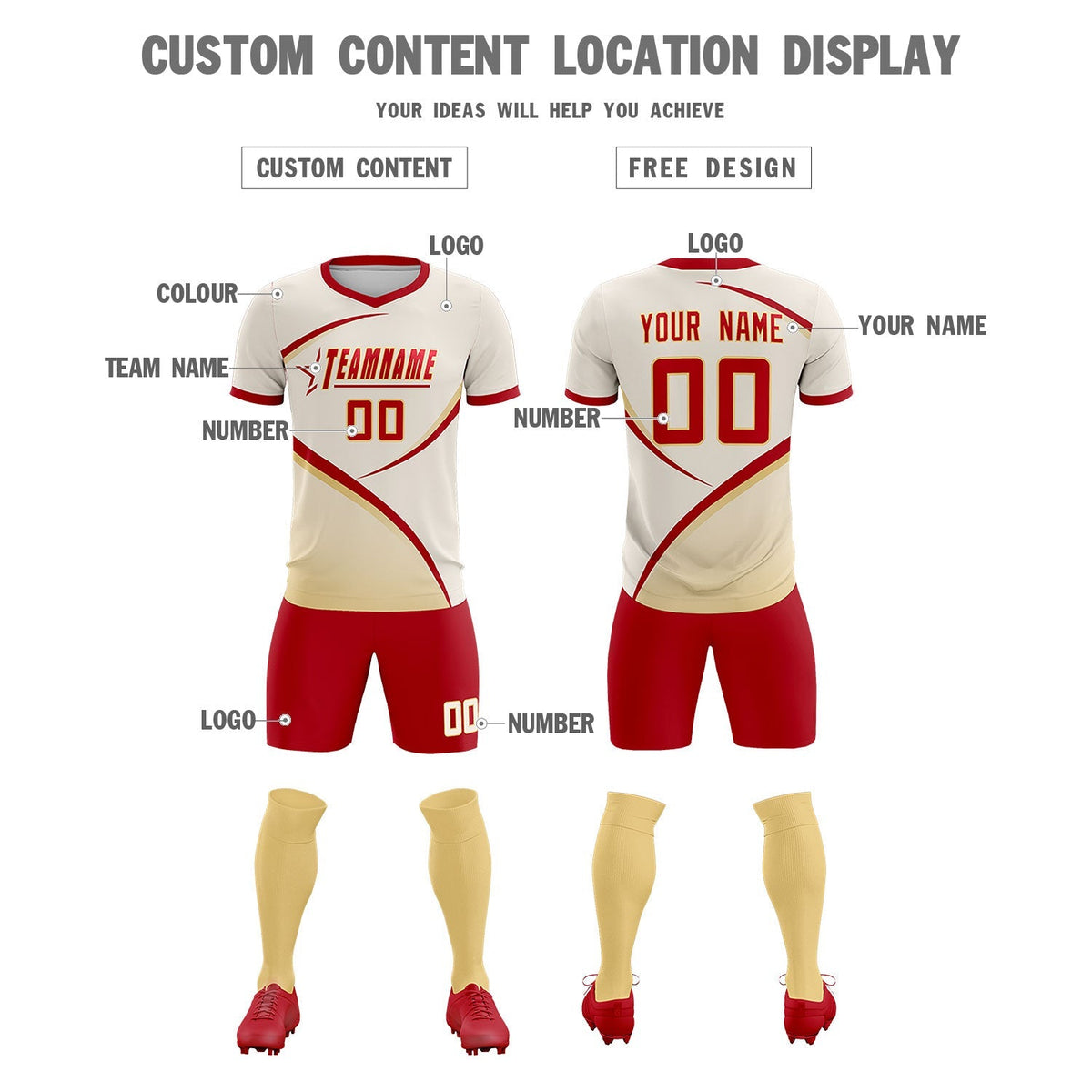 Custom Cream Red Color Block Training Uniform For Men Football Kits Jersey