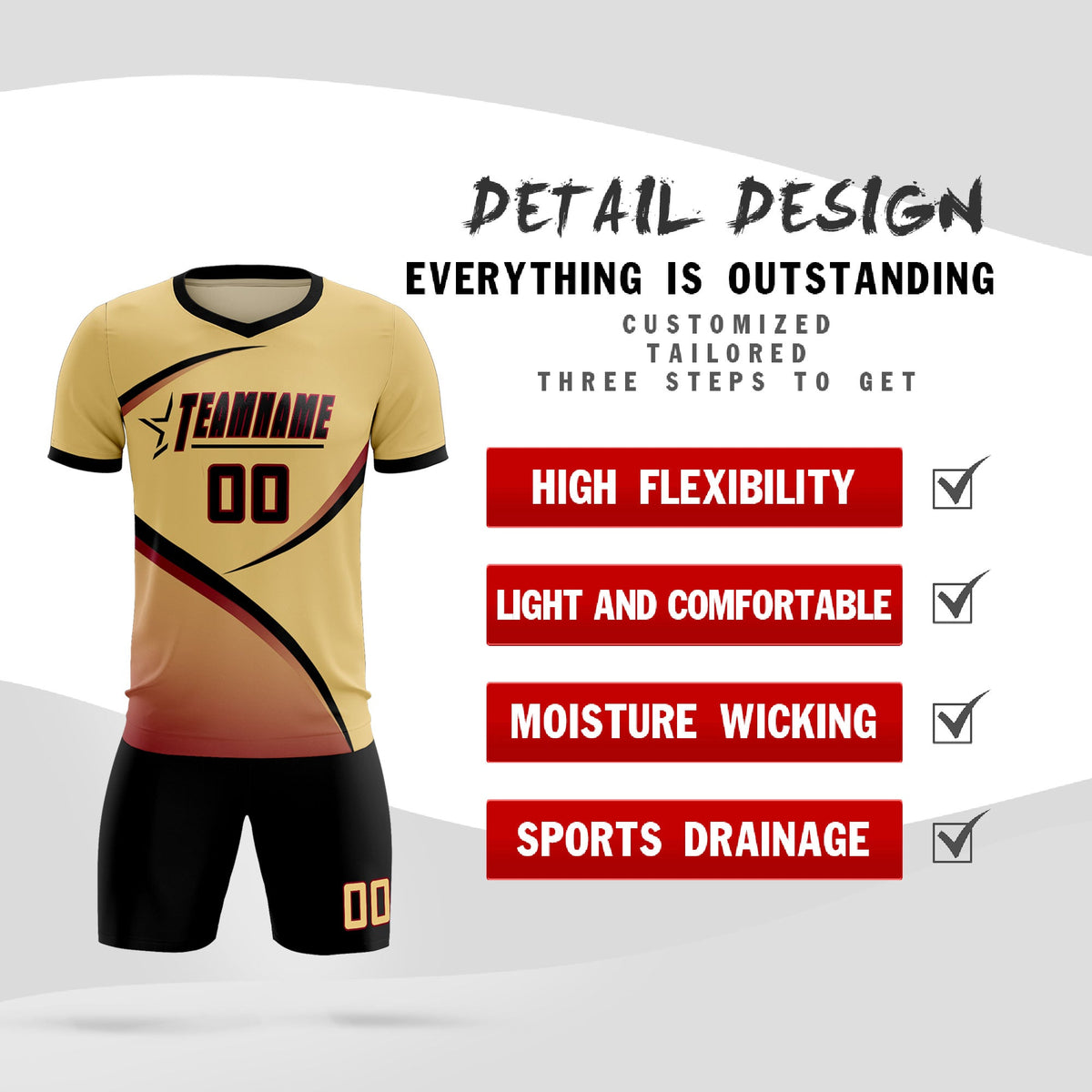 Custom Khaki Black Color Block Training Uniform For Men Football Kits Jersey