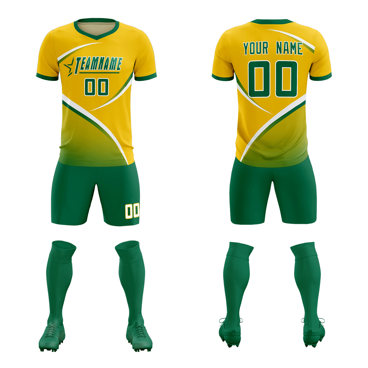 Custom Gold Kelly Green Color Block Training Uniform For Men Soccer Sets Jersey