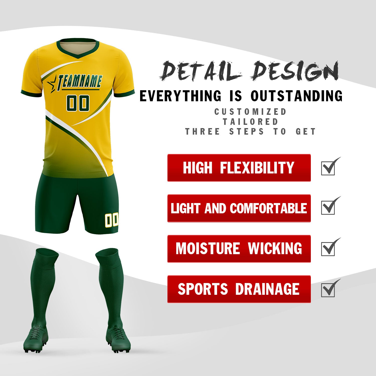 Custom Gold Green Color Block Training Uniform For Men Soccer Sets Jersey
