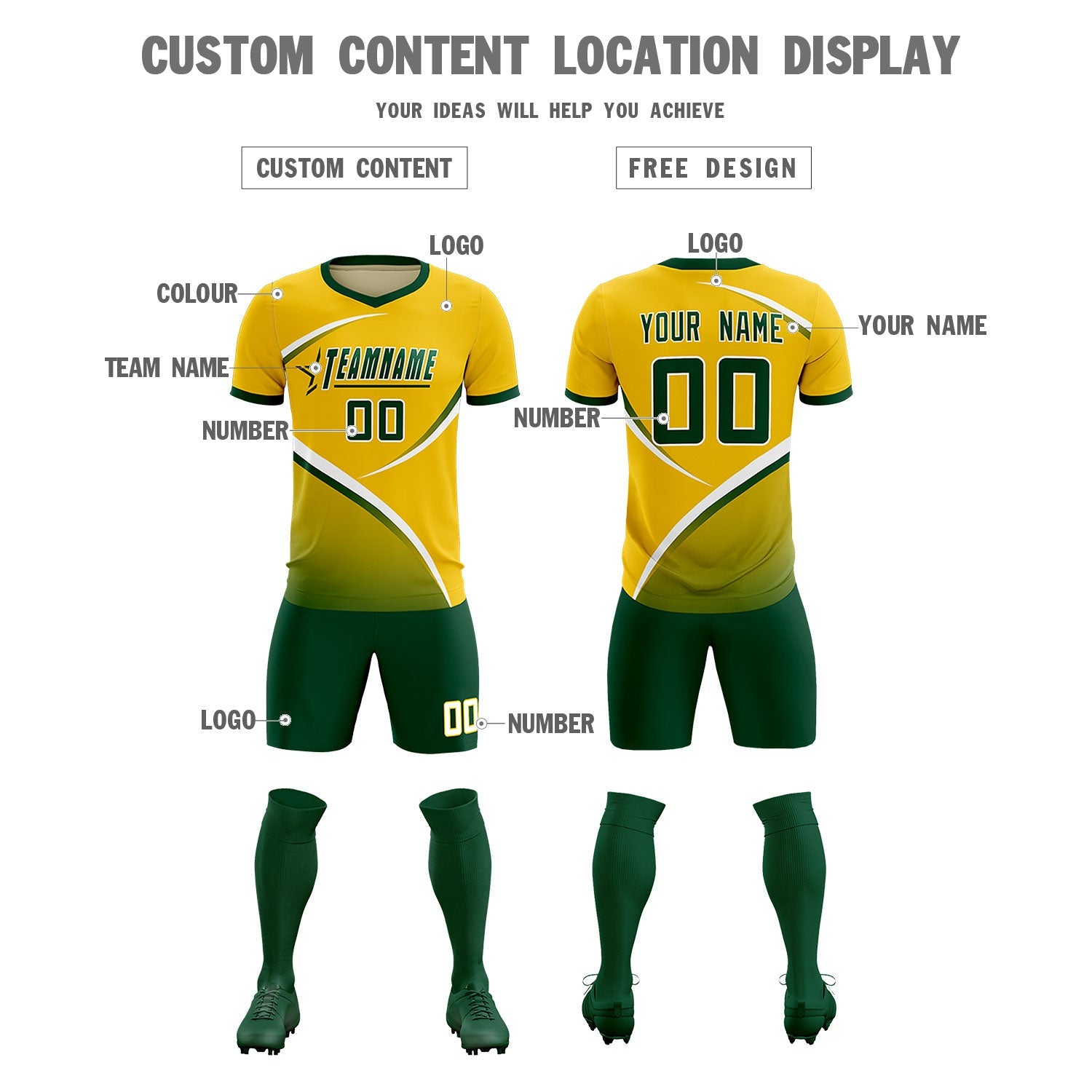 Custom Gold Green Color Block Training Uniform For Men Soccer Sets Jersey