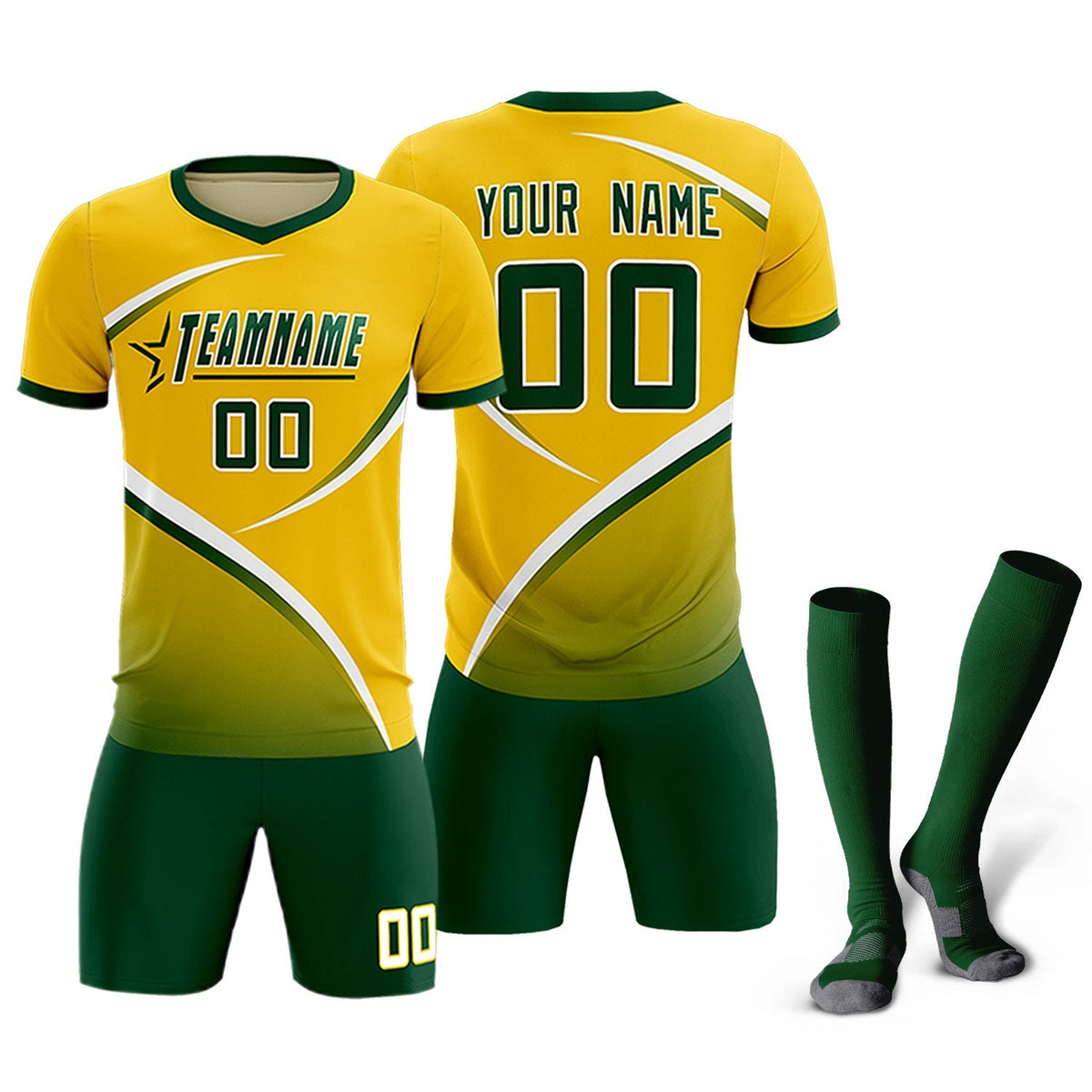 Custom Gold Green Color Block Training Uniform For Men Soccer Sets Jersey