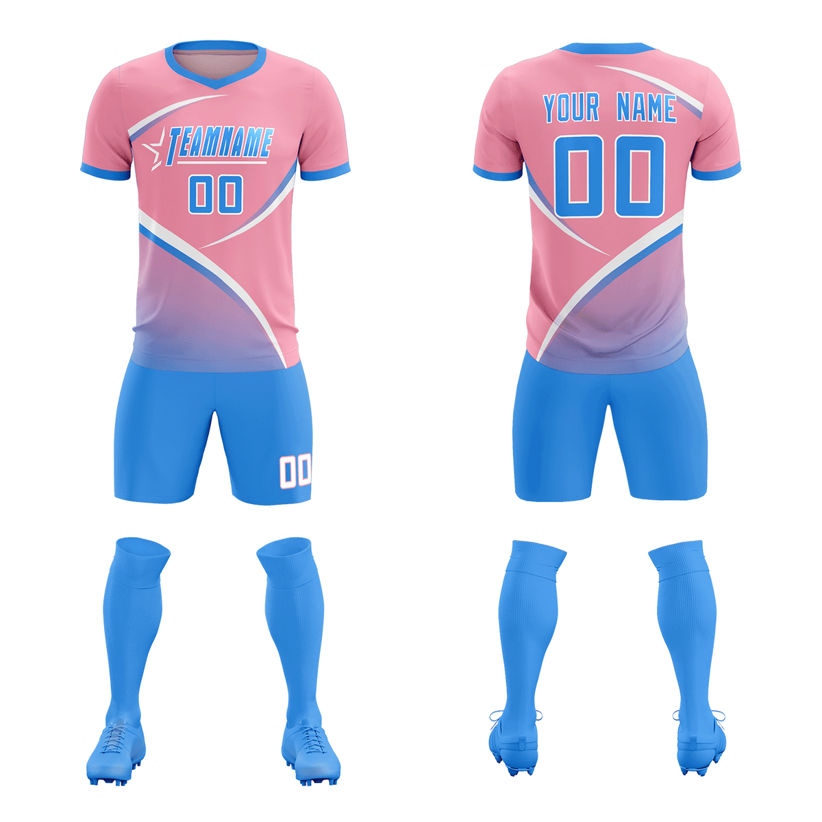 Custom Light Pink Powder Blue Color Block Training Uniform For Men Football Kits Jersey