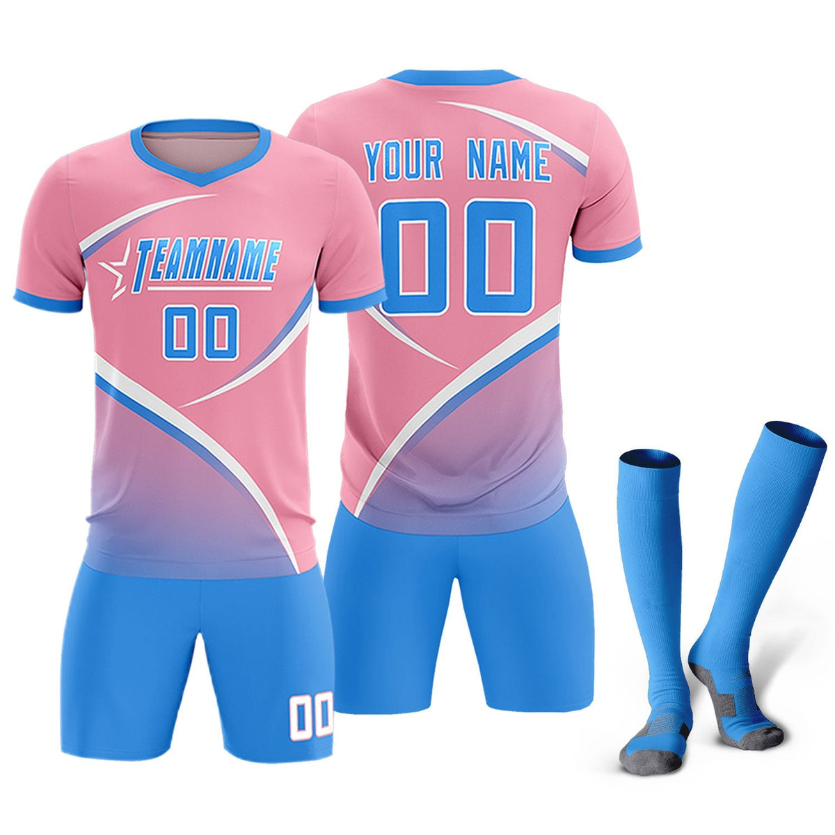 Custom Light Pink Powder Blue Color Block Training Uniform For Men Football Kits Jersey