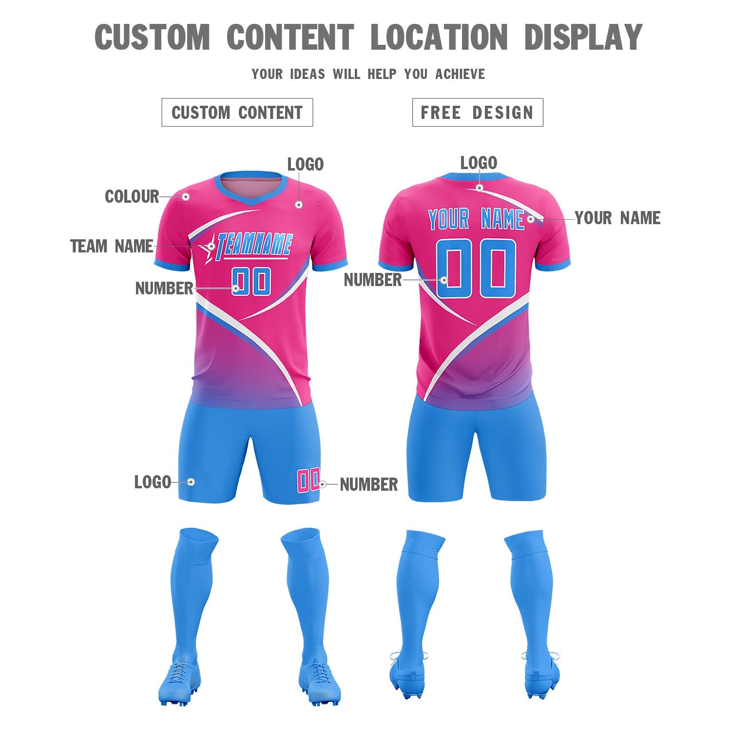Custom Pink Powder Blue Color Block Training Uniform For Men Soccer Sets Jersey