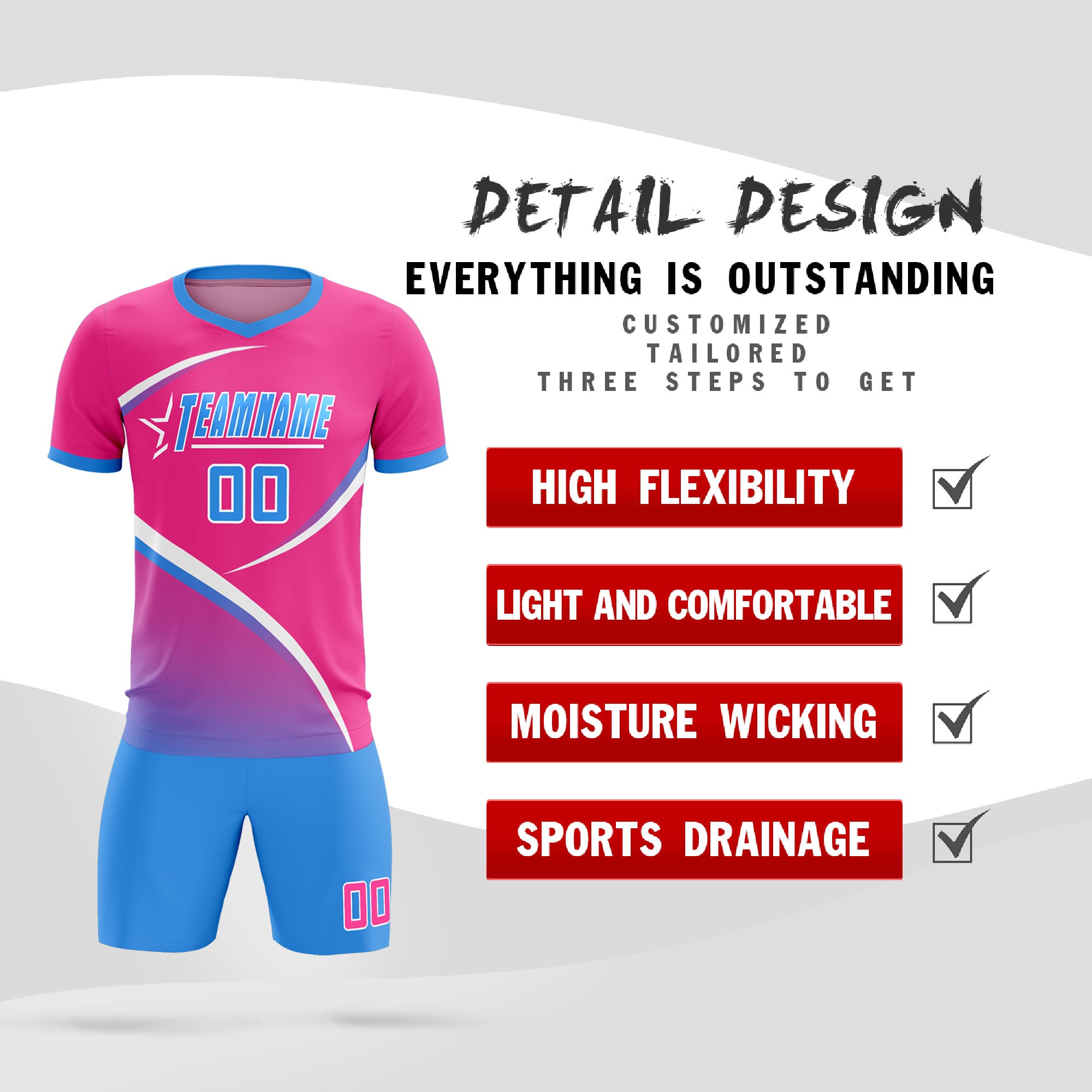 Custom Pink Powder Blue Color Block Training Uniform For Men Soccer Sets Jersey