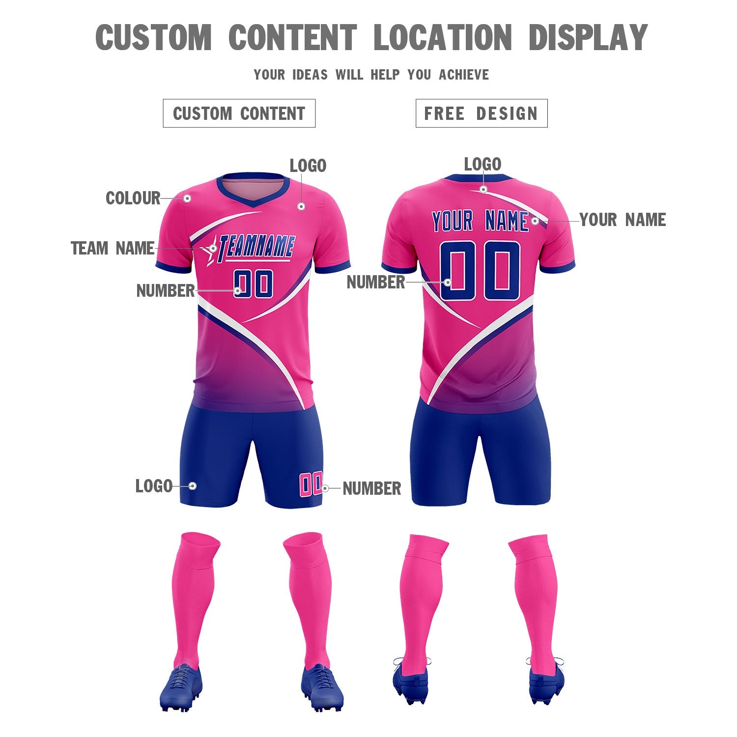 Custom Pink Royal Color Block Training Uniform For Men Soccer Sets Jersey