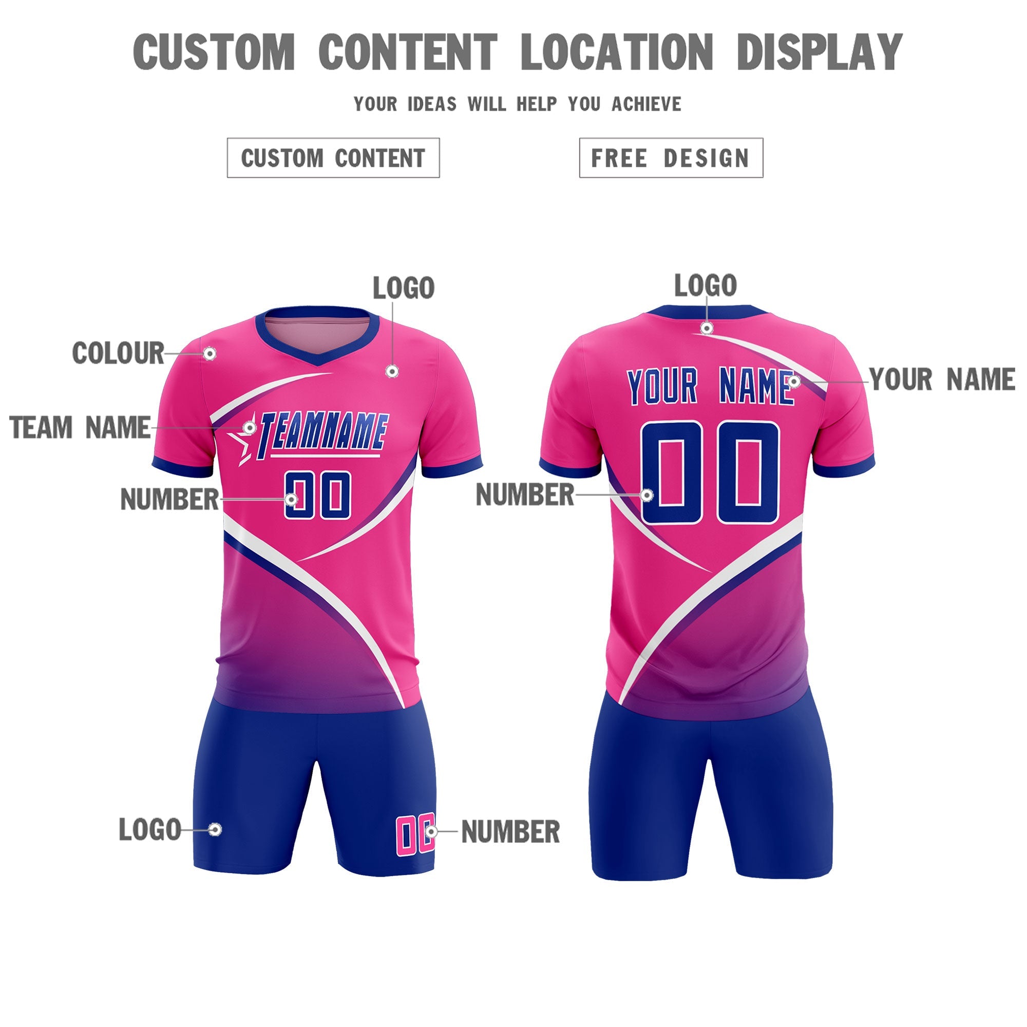 Custom Pink Royal Color Block Training Uniform For Men Soccer Sets Jersey