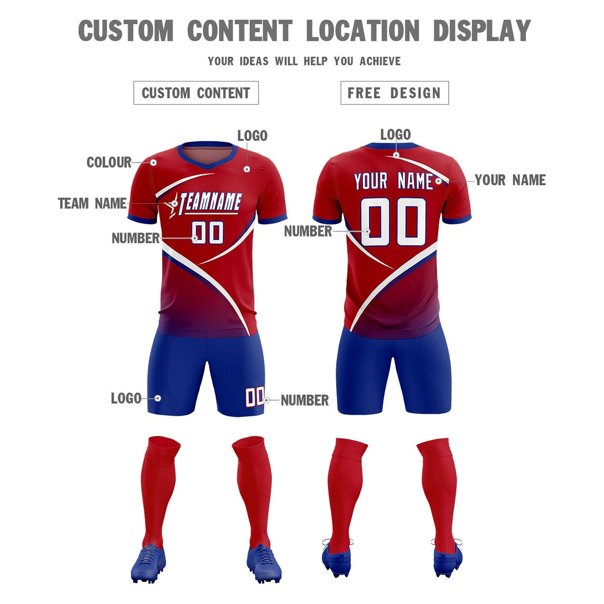 Custom Red Royal Color Block Training Uniform For Men Football Kits Jersey