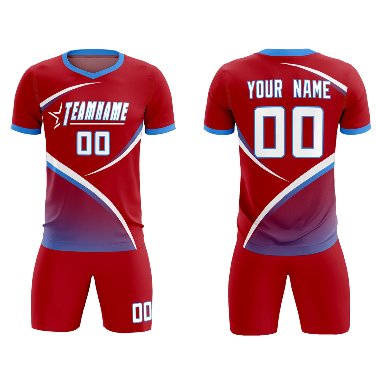 Custom Red Powder Blue Color Block Training Uniform For Men Football Kits Jersey