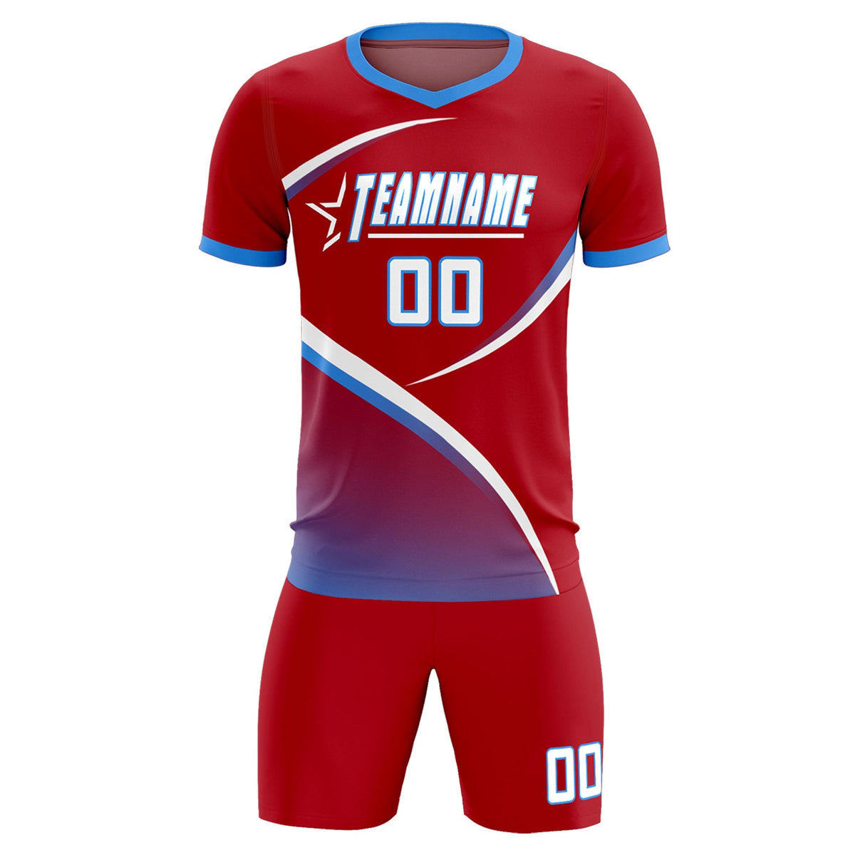 Custom Red Powder Blue Color Block Training Uniform For Men Football Kits Jersey
