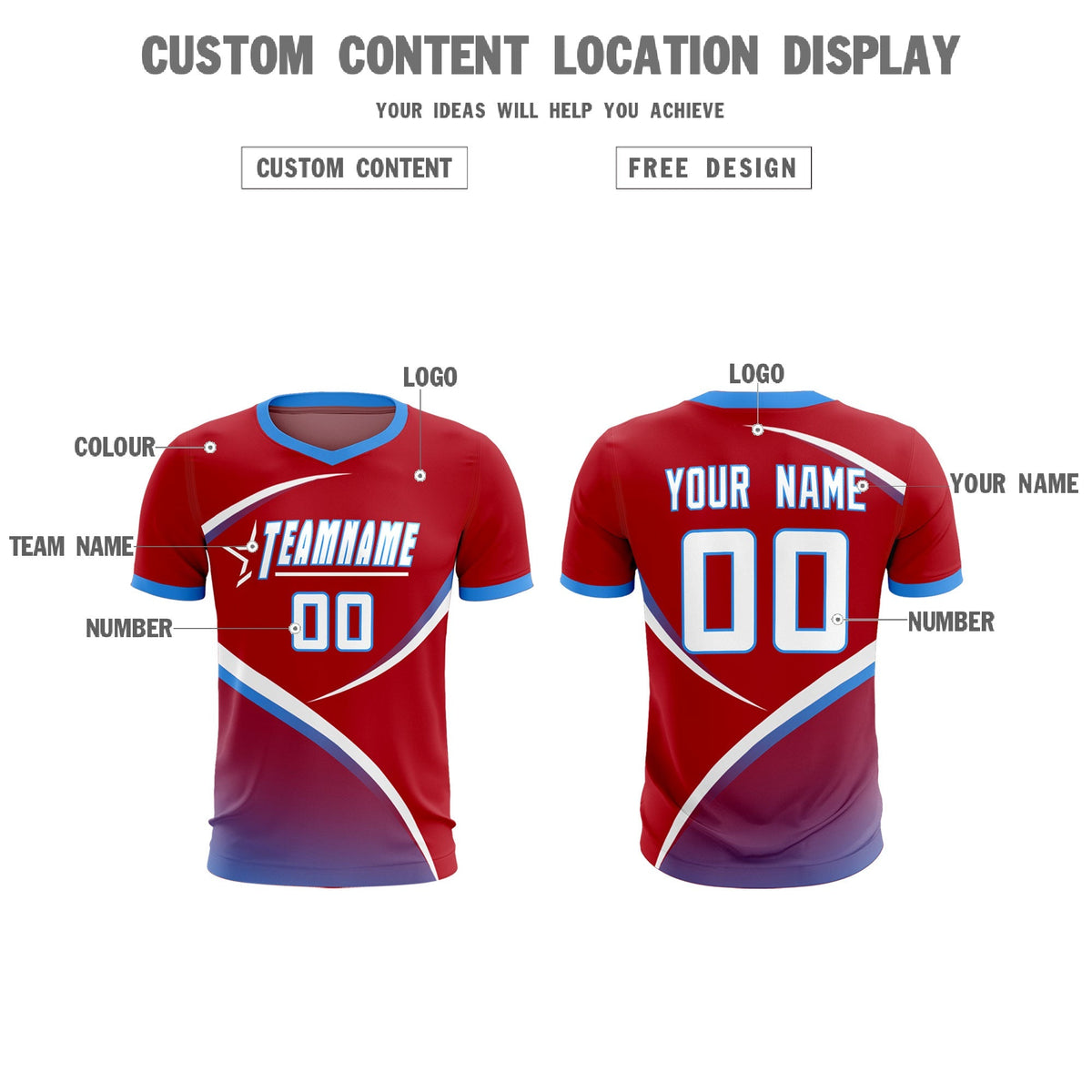 Custom Red Powder Blue Color Block Training Uniform For Men Football Kits Jersey