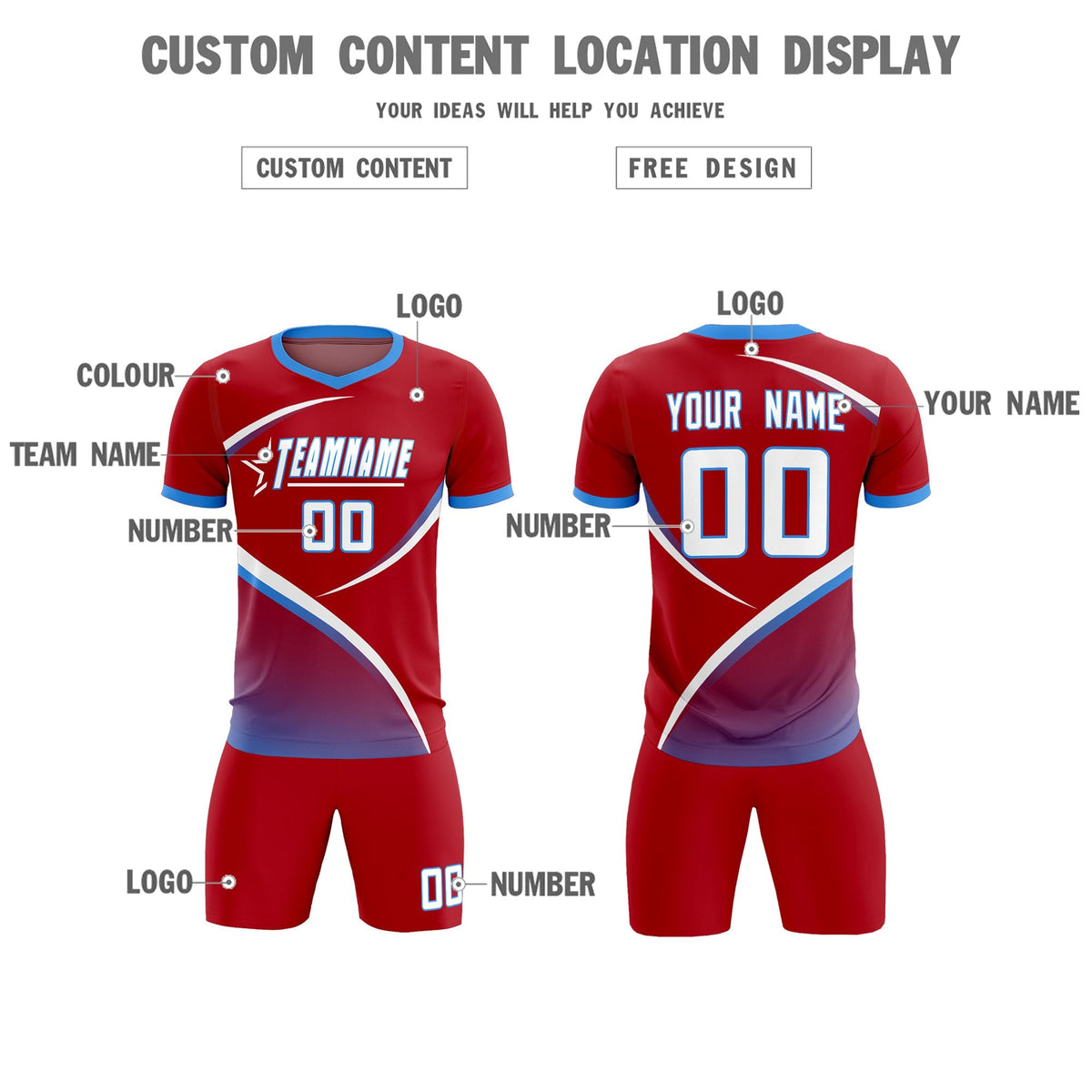 Custom Red Powder Blue Color Block Training Uniform For Men Football Kits Jersey