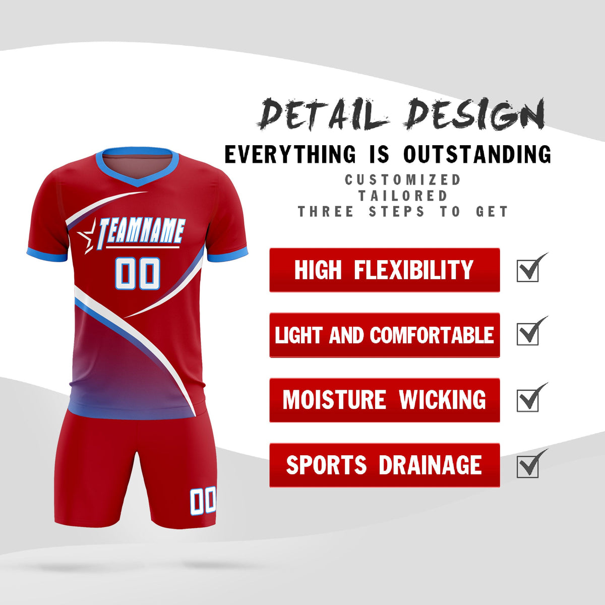 Custom Red Powder Blue Color Block Training Uniform For Men Football Kits Jersey