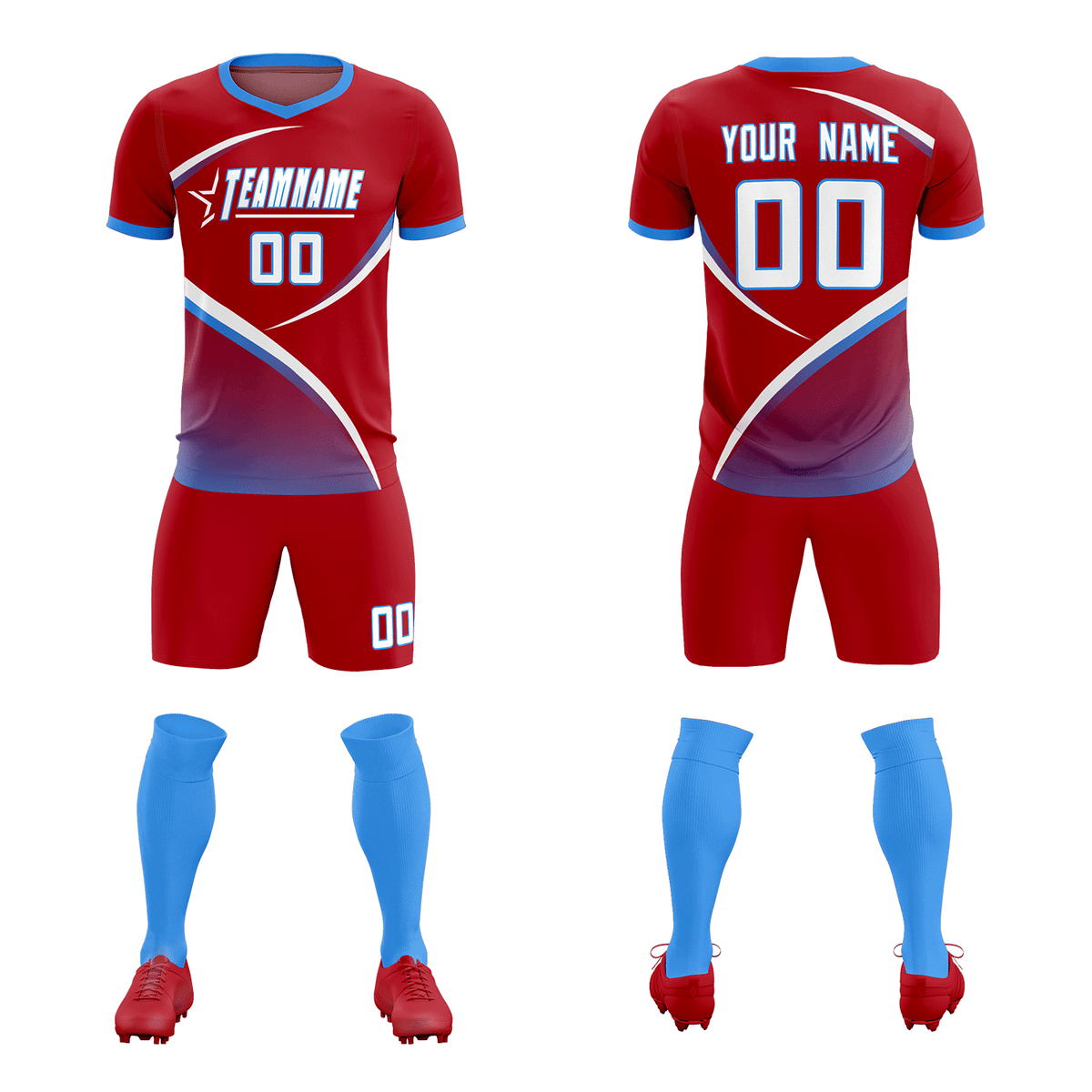 Custom Red Powder Blue Color Block Training Uniform For Men Football Kits Jersey