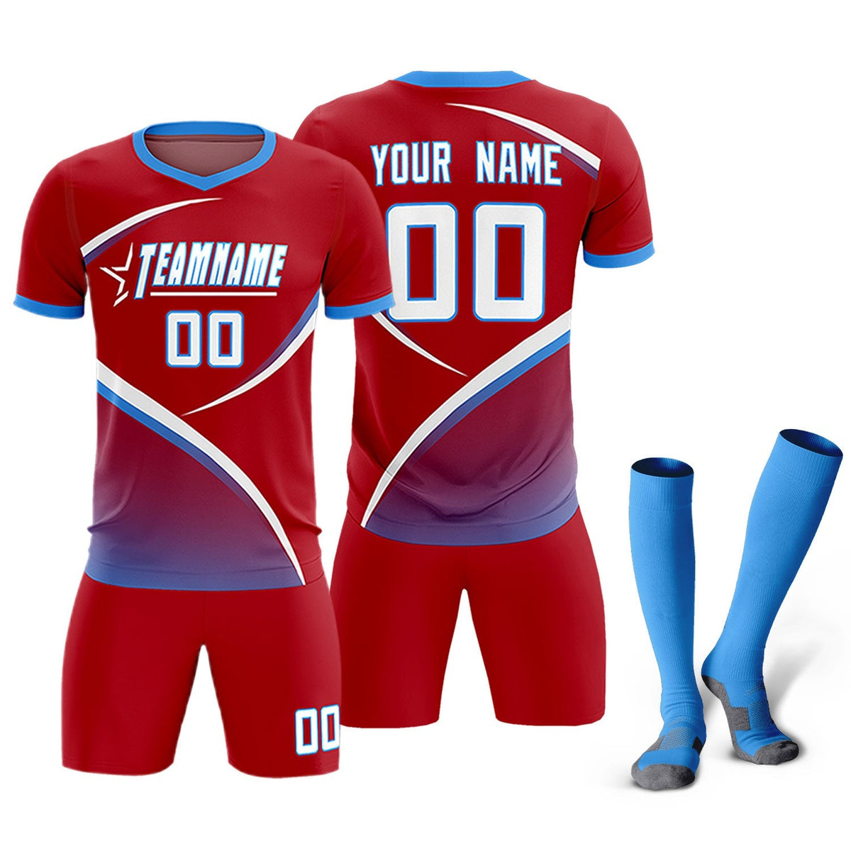 Custom Red Powder Blue Color Block Training Uniform For Men Football Kits Jersey