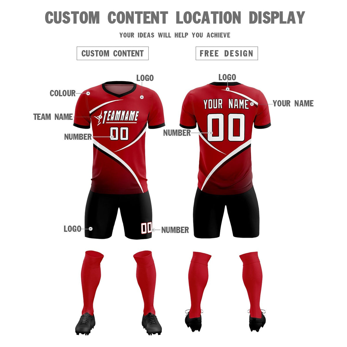 Custom Red Black Color Block Training Uniform For Men Football Kits Jersey