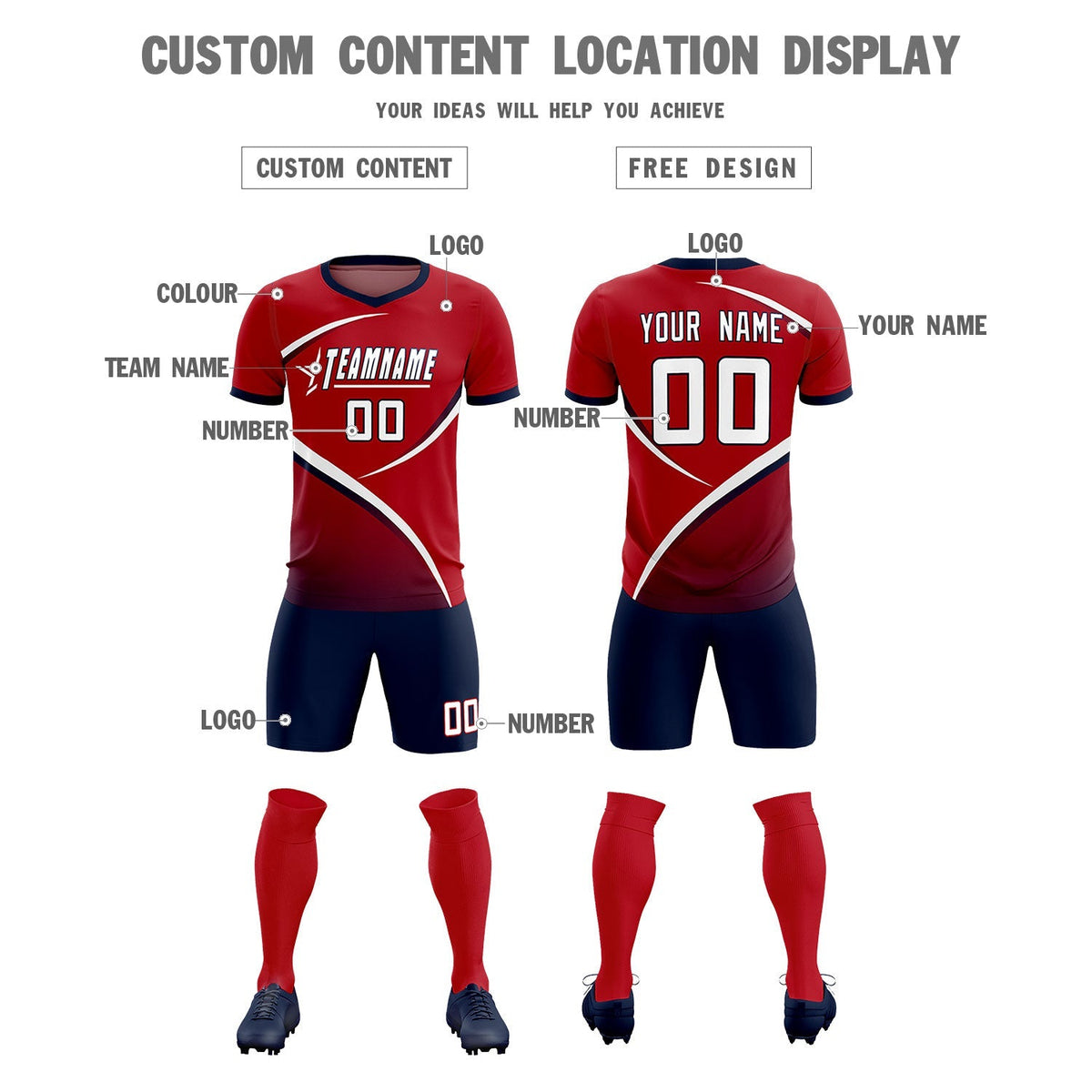 Custom Red Navy Color Block Training Uniform For Men Football Kits Jersey