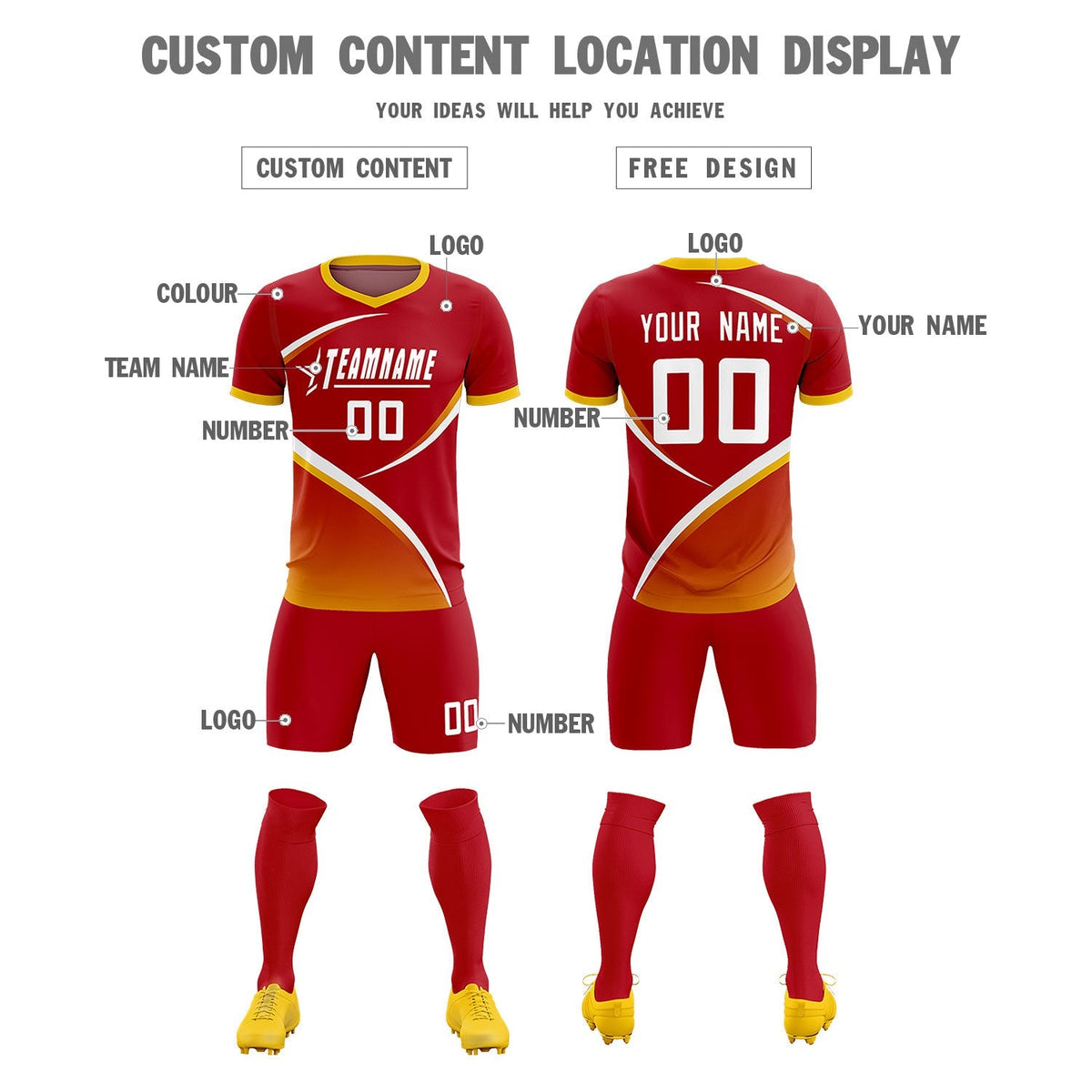 Custom Red Gold Color Block Training Uniform For Men Football Kits Jersey