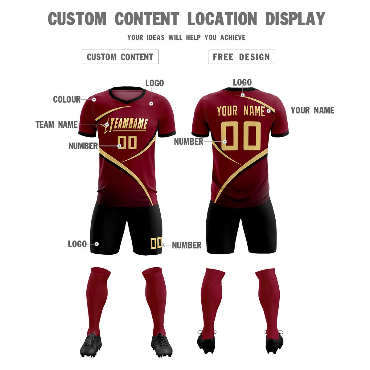 Custom Crimson Black Color Block Training Uniform For Men Football Kits Jersey