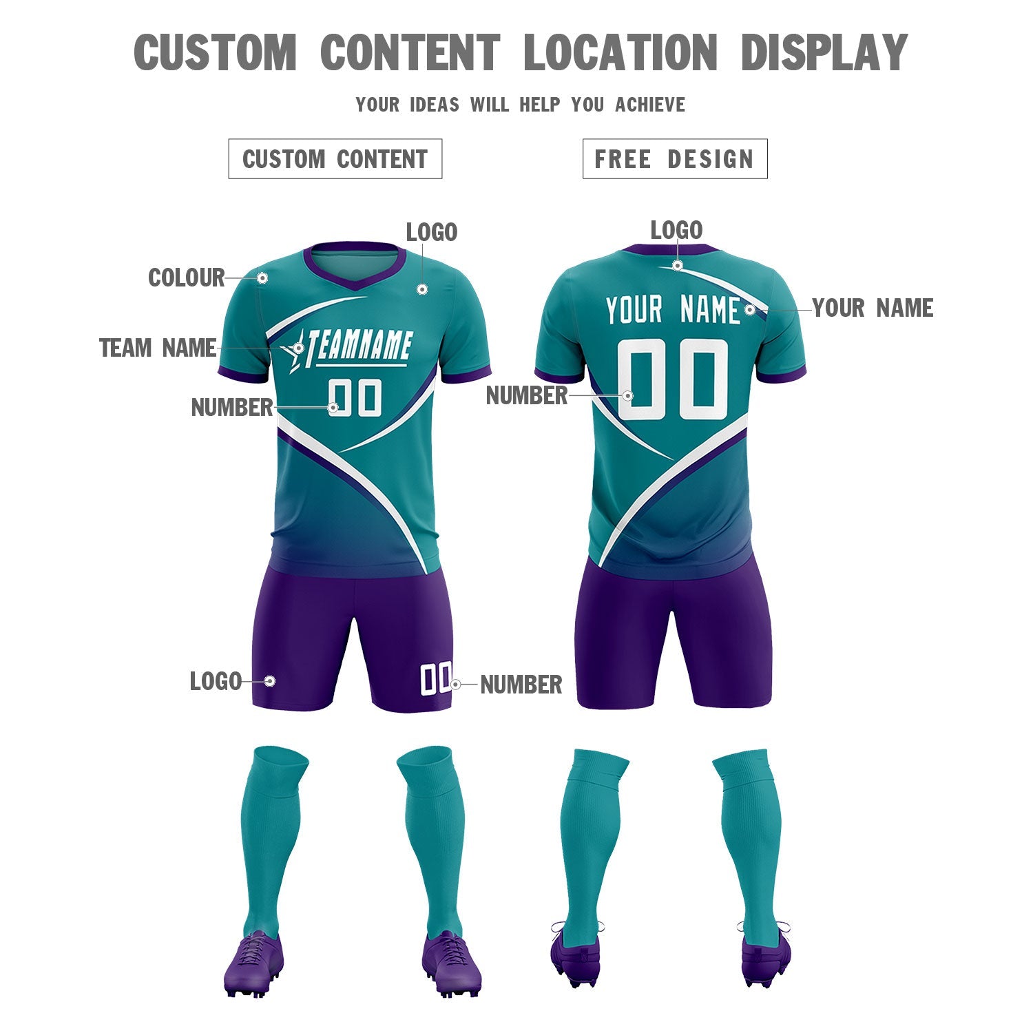 Custom Aqua Purple Color Block Training Uniform For Men Soccer Sets Jersey