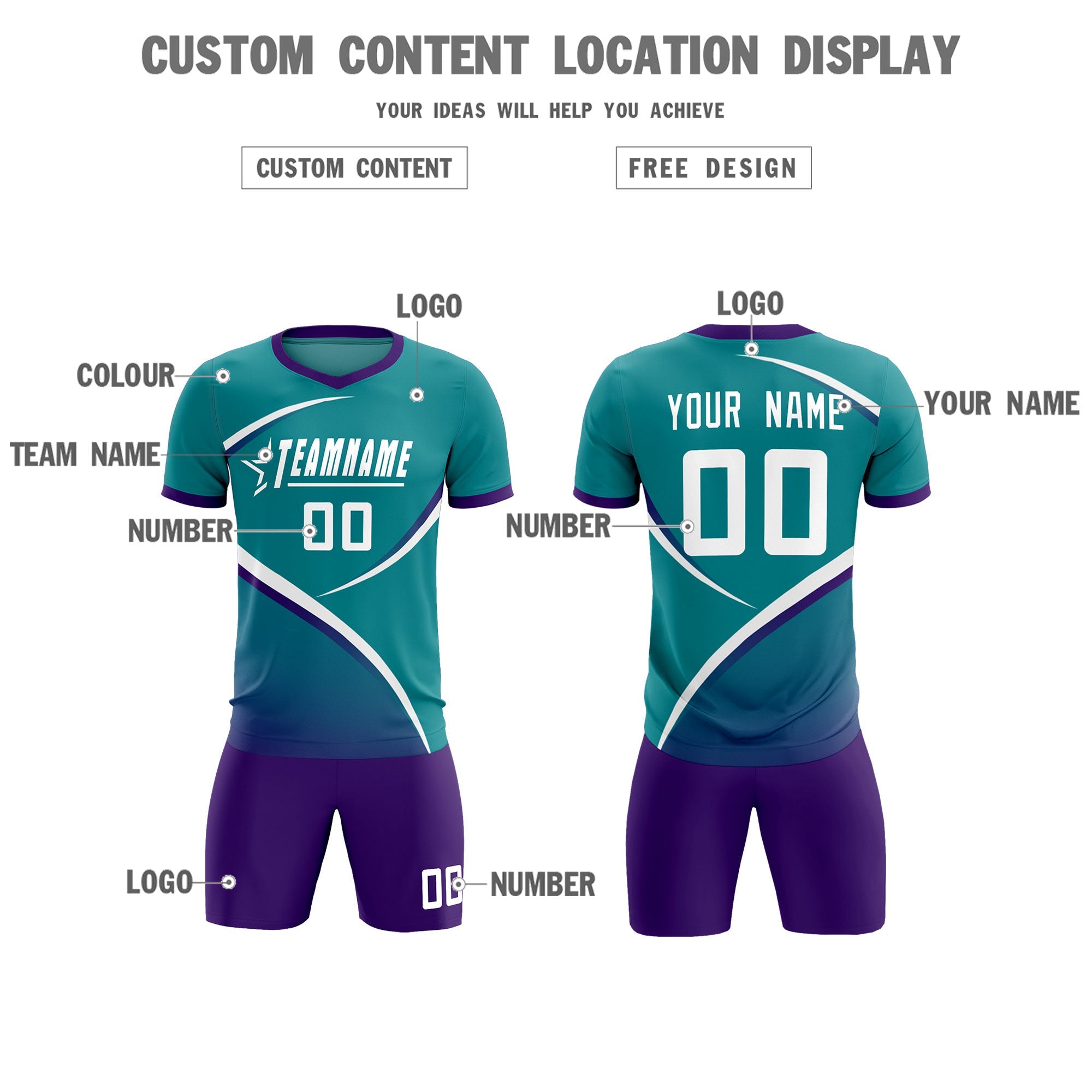 Custom Aqua Purple Color Block Training Uniform For Men Soccer Sets Jersey