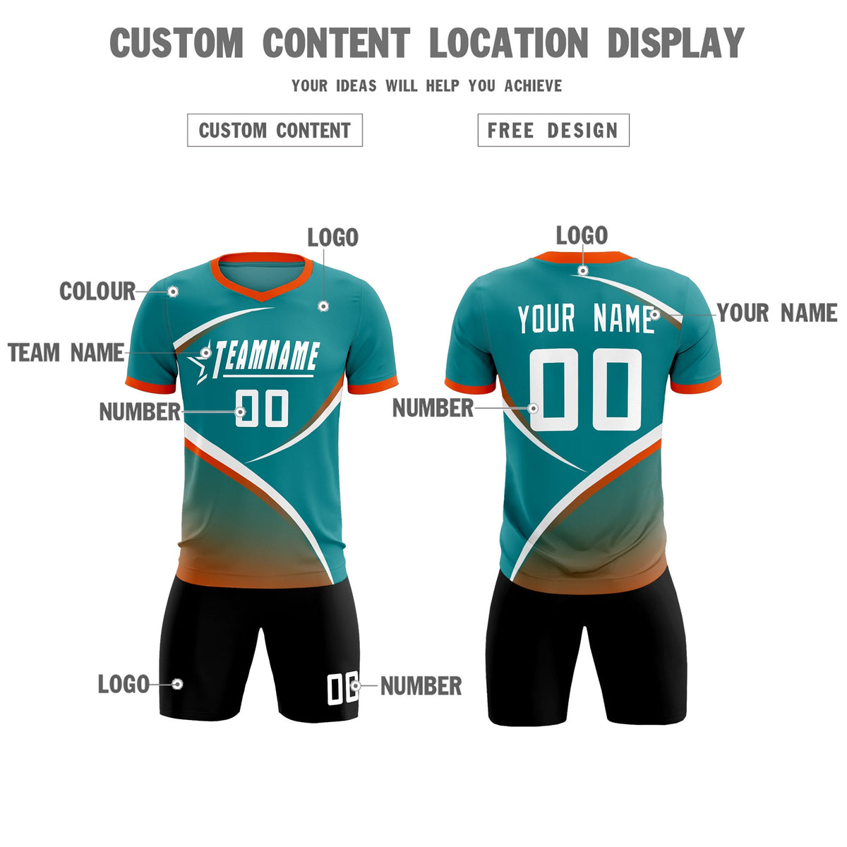 Custom Aqua Orange Color Block Training Uniform For Men Soccer Sets Jersey