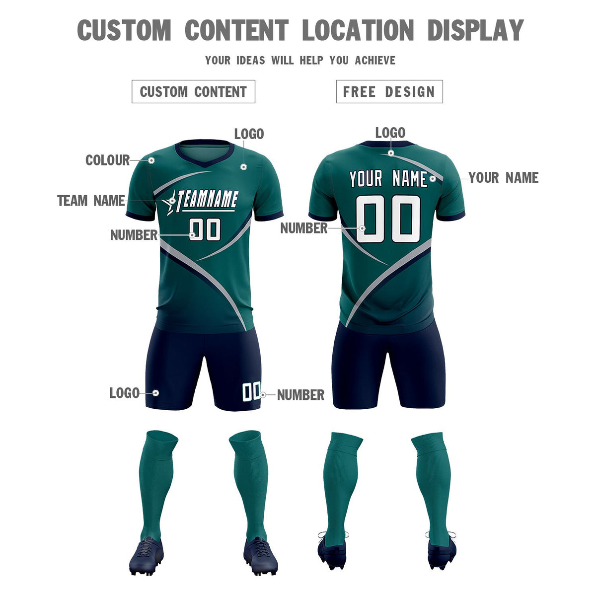 Custom Aqua Navy Color Block Training Uniform For Men Soccer Sets Jersey
