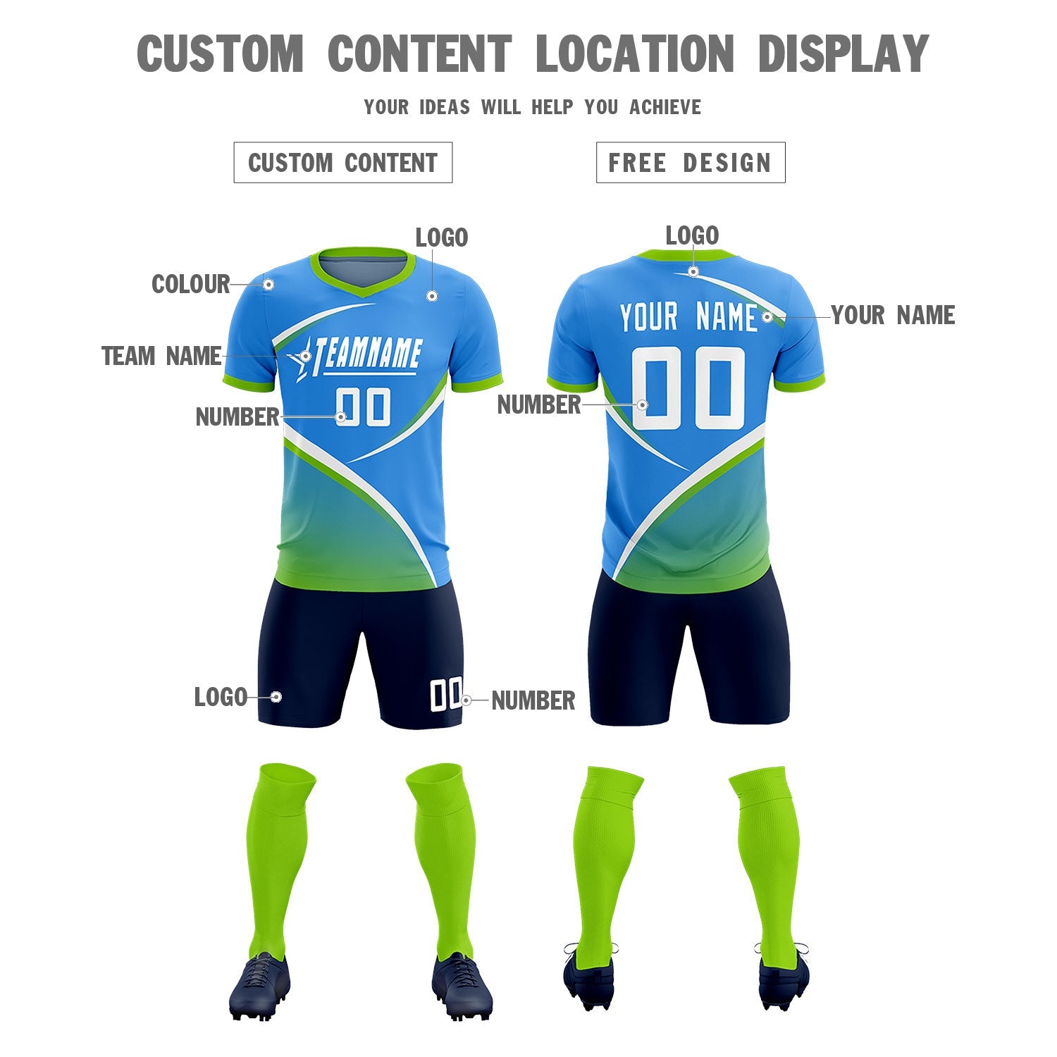 Custom Powder Blue Neon Green Color Block Training Uniform For Men Soccer Sets Jersey