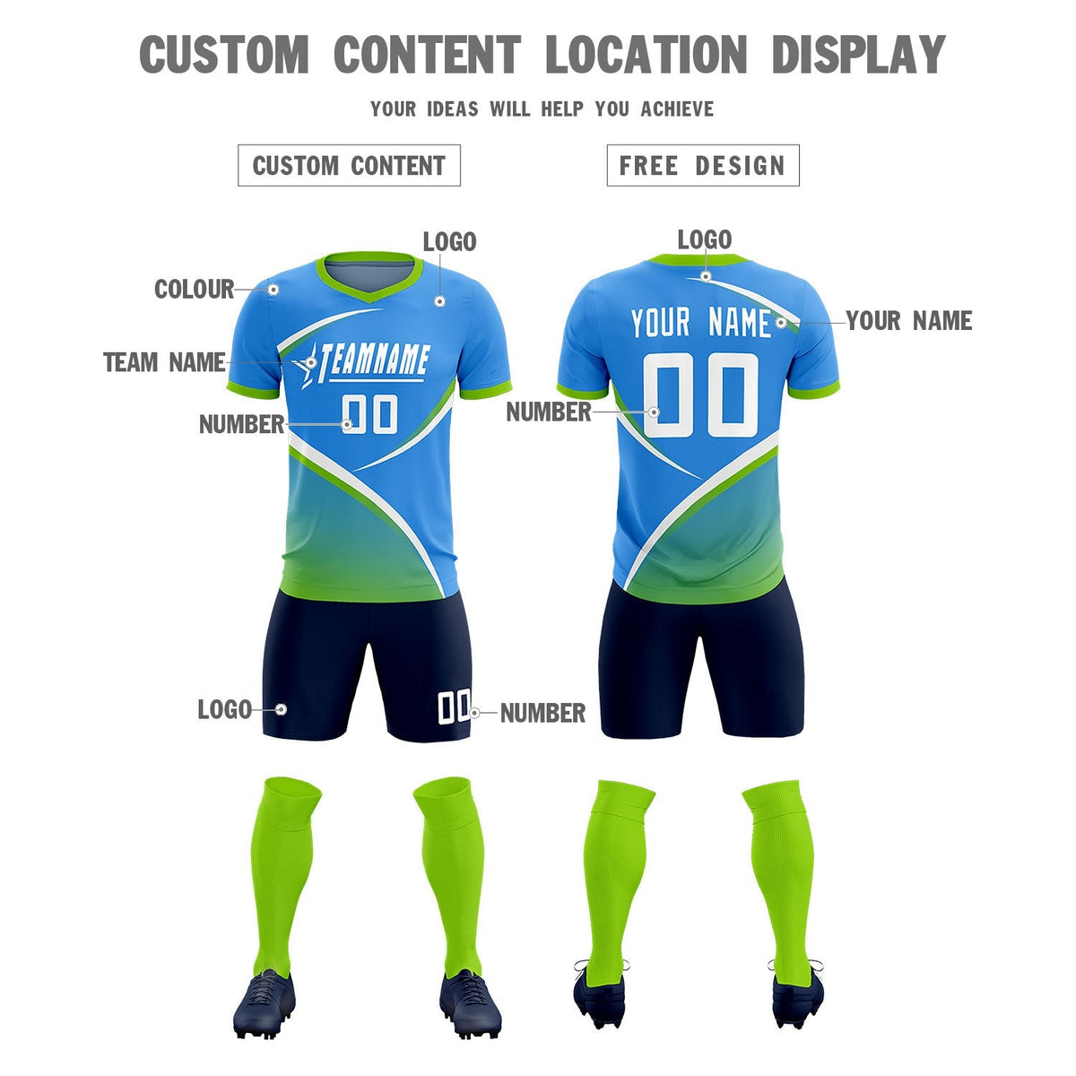 Custom Powder Blue Neon Green Color Block Training Uniform For Men Football Kits Jersey