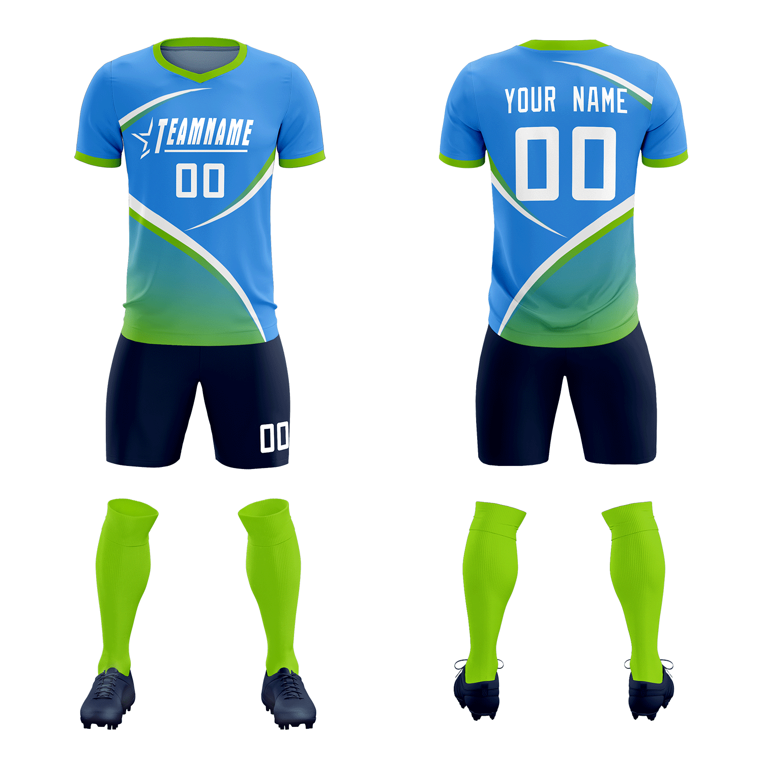Custom Powder Blue Neon Green Color Block Training Uniform For Men Soccer Sets Jersey
