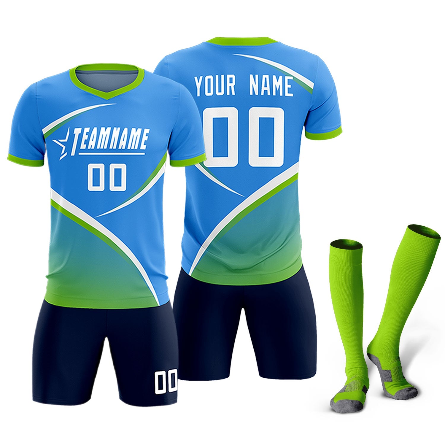Custom Powder Blue Neon Green Color Block Training Uniform For Men Soccer Sets Jersey
