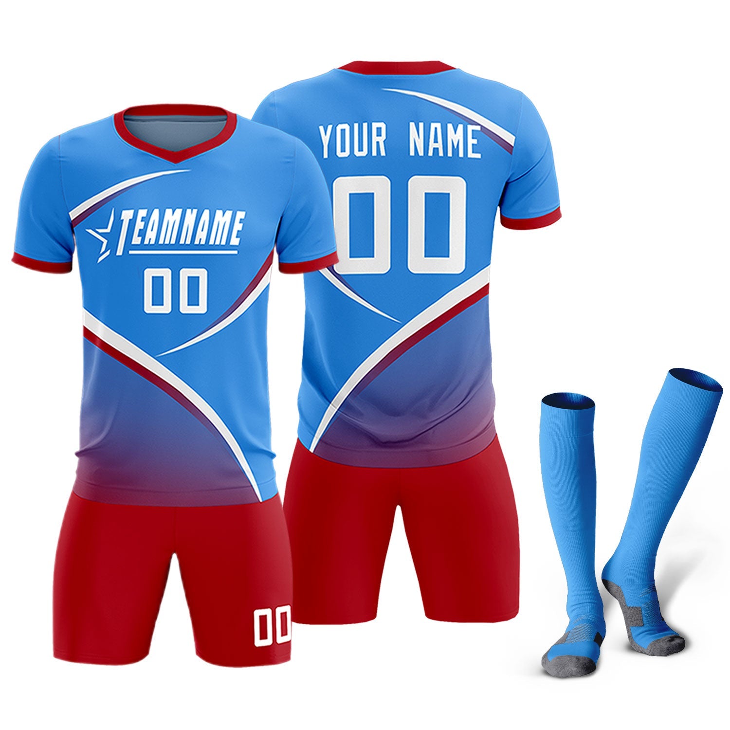 Custom Powder Blue Red Color Block Training Uniform For Men Soccer Sets Jersey