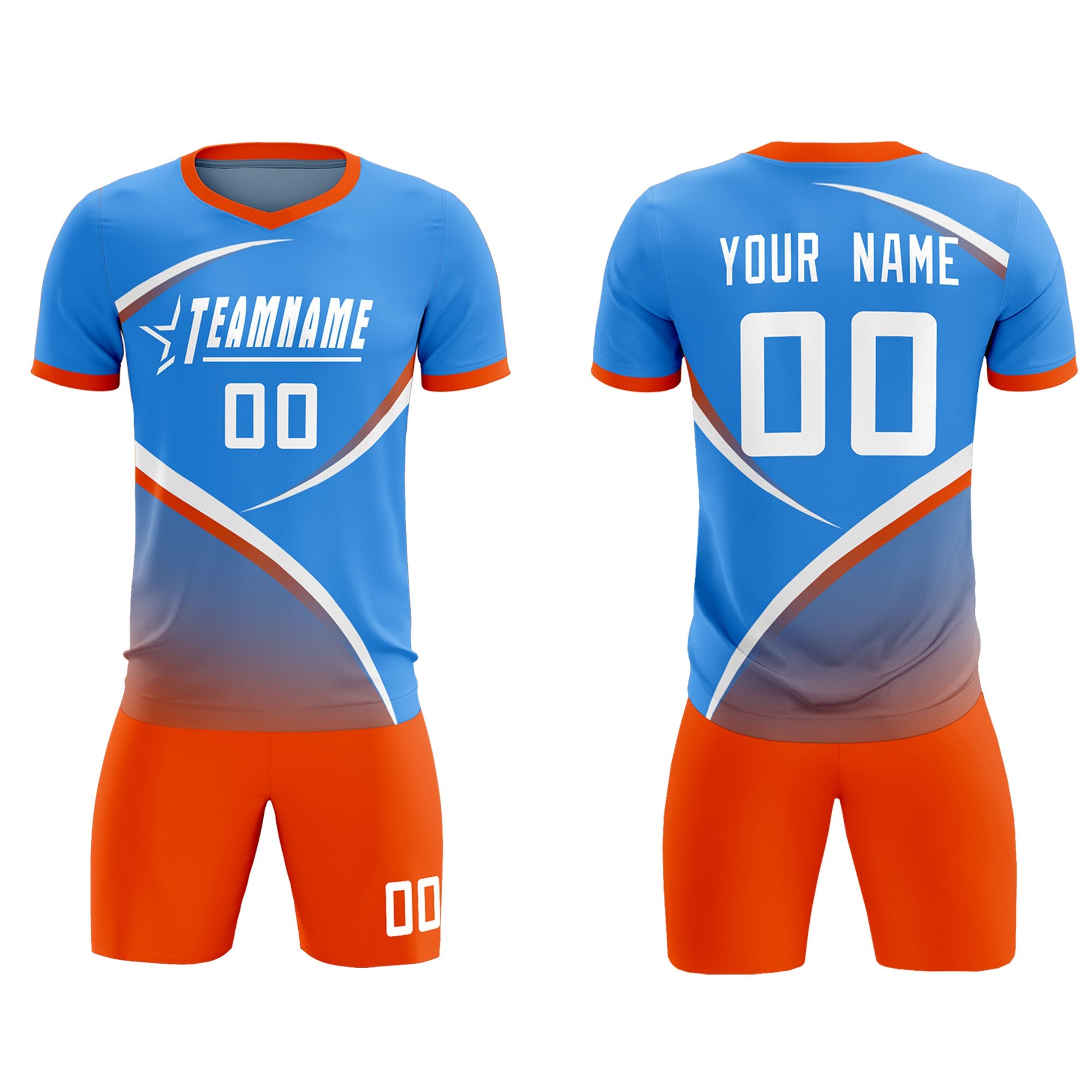 Custom Powder Blue Orange Color Block Training Uniform For Men Soccer Sets Jersey