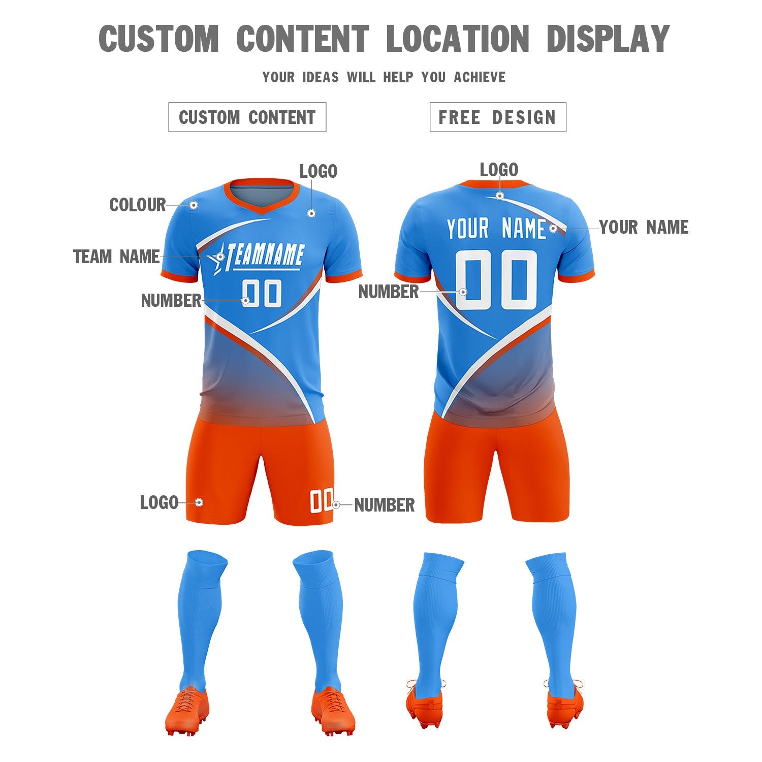 Custom Powder Blue Orange Color Block Training Uniform For Men Soccer Sets Jersey