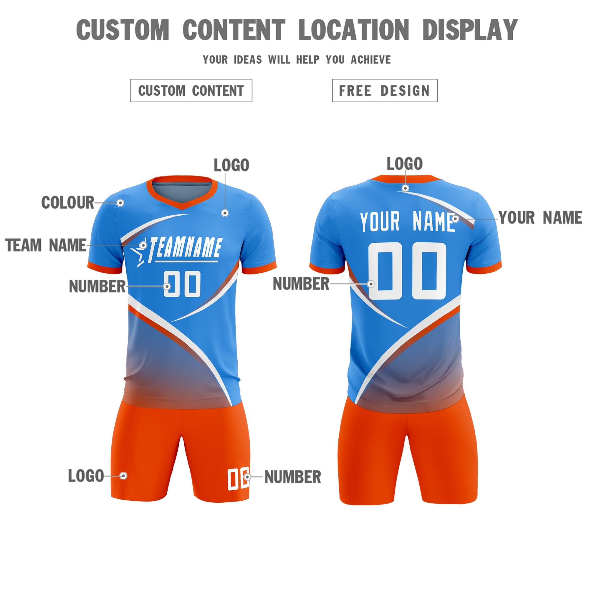 Custom Powder Blue Orange Color Block Training Uniform For Men Soccer Sets Jersey