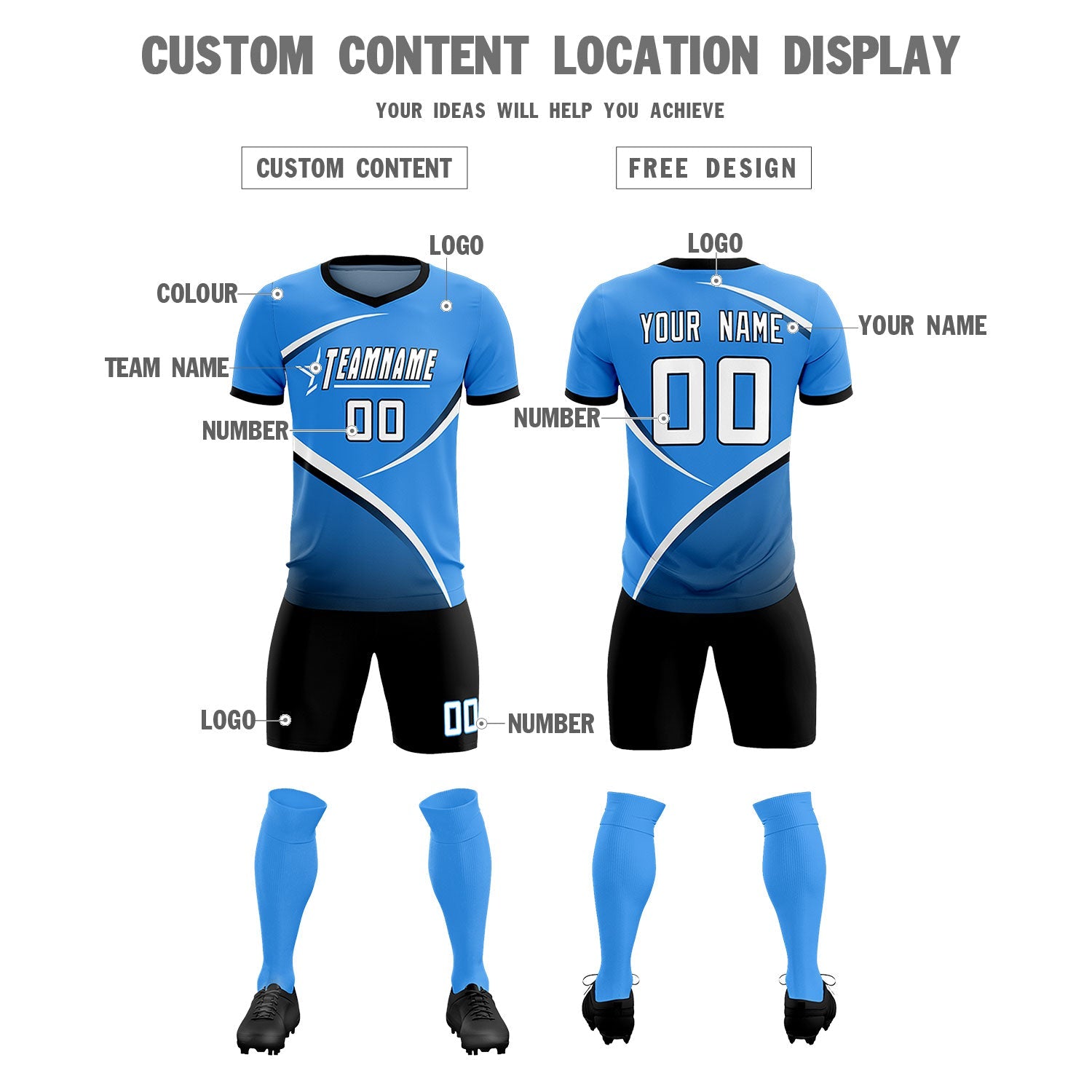 Custom Powder Blue Navy Color Block Training Uniform For Men Soccer Sets Jersey
